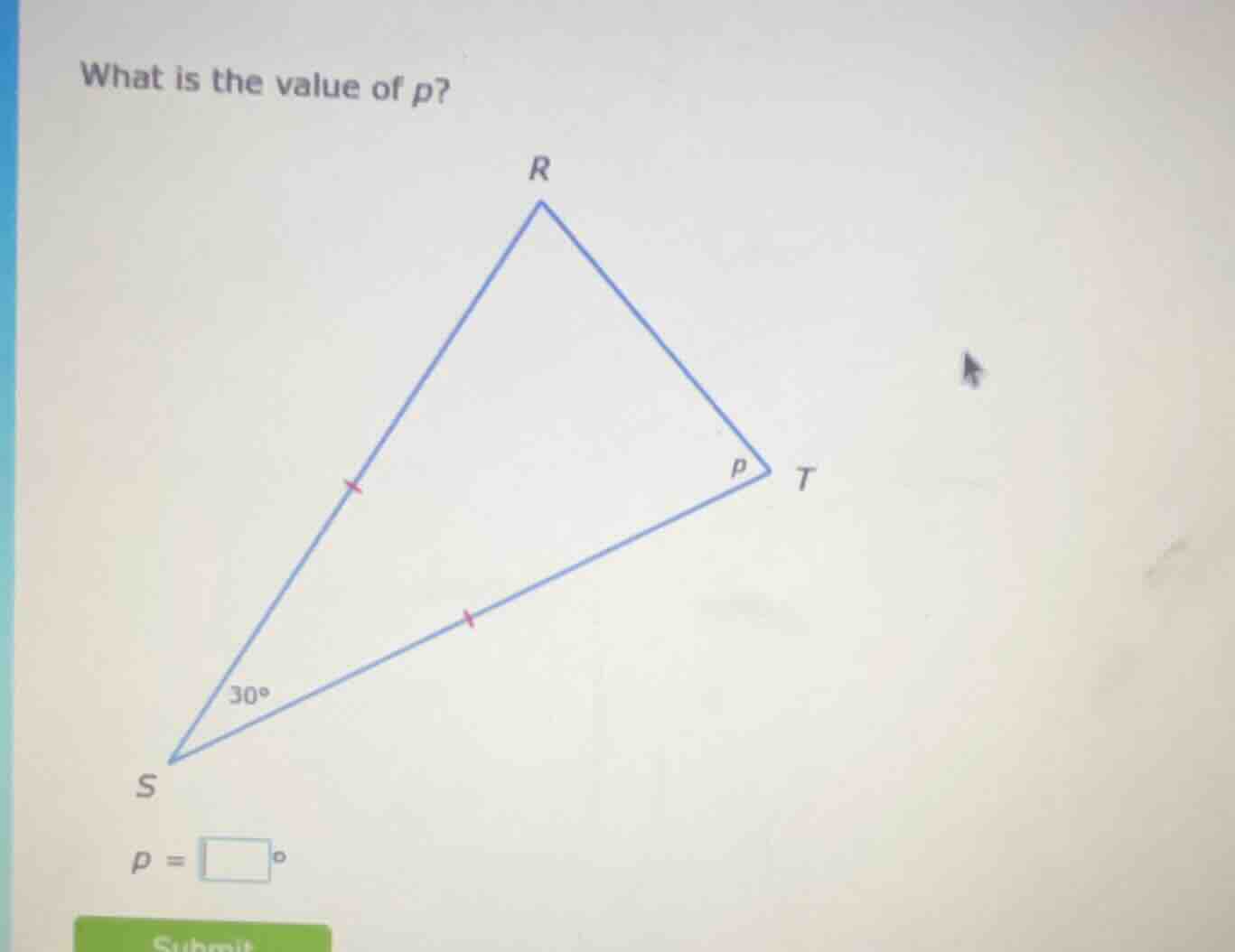 what is the value of p? triangle rst with s at the bottom left, r at th…