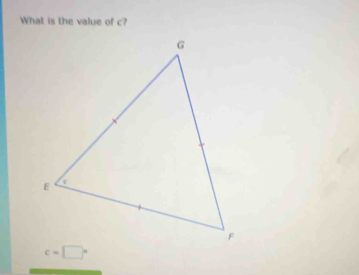 what is the value of c? (triangle egf with all sides marked equal, angl…