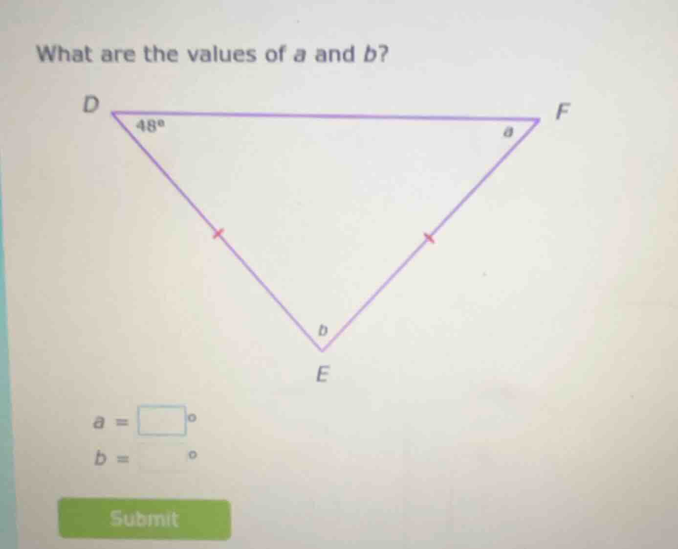 what are the values of a and b? (image of triangle def with angle at d …