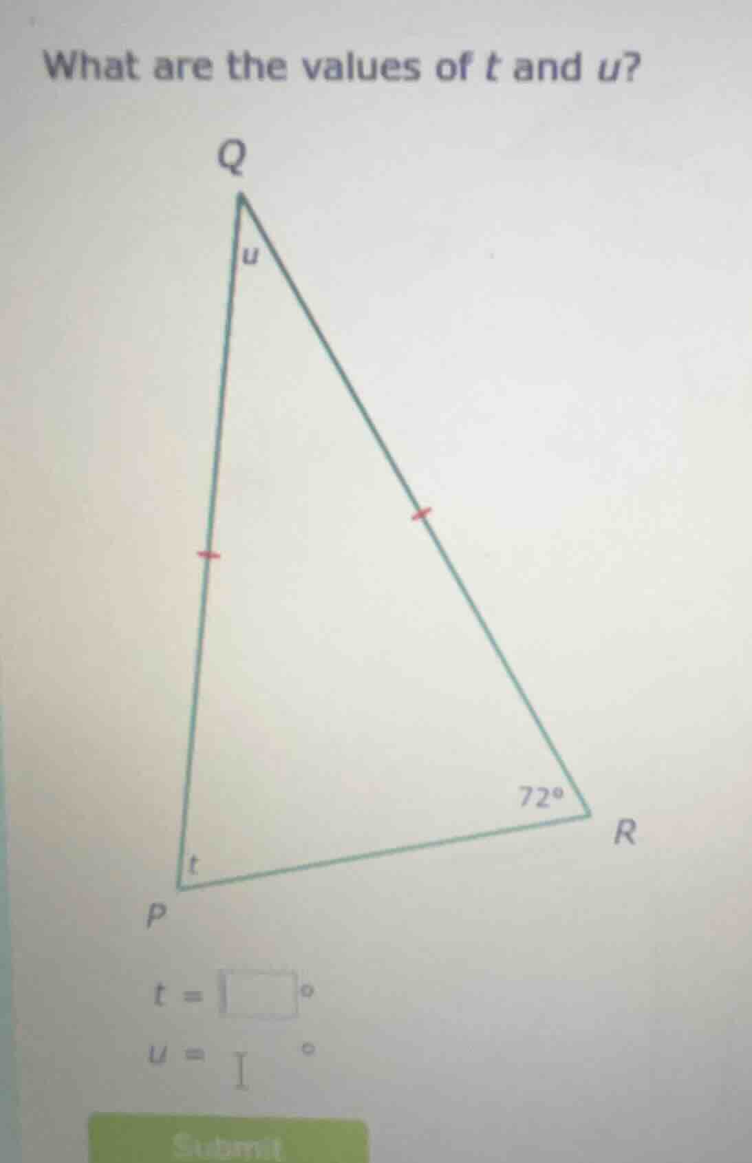 what are the values of t and u? (figure of triangle pqr with q at top, …