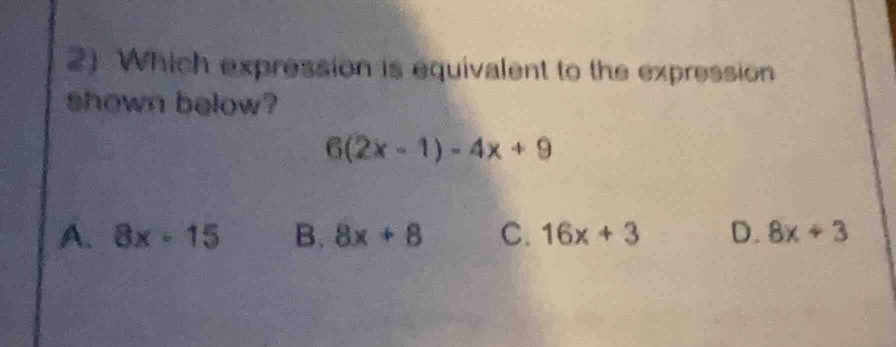2) which expression is equivalent to the expression shown below? 6(2x -…