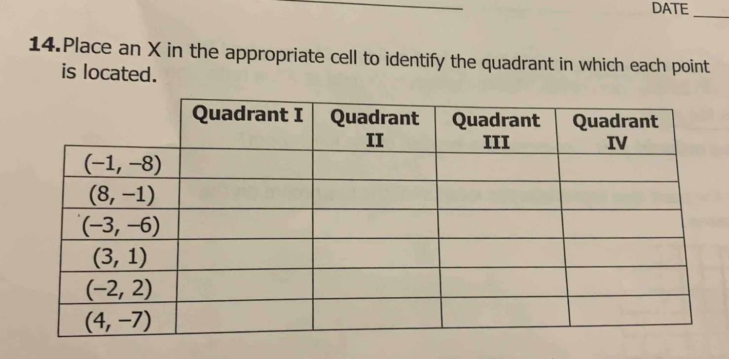 14. place an x in the appropriate cell to identify the quadrant in whic…
