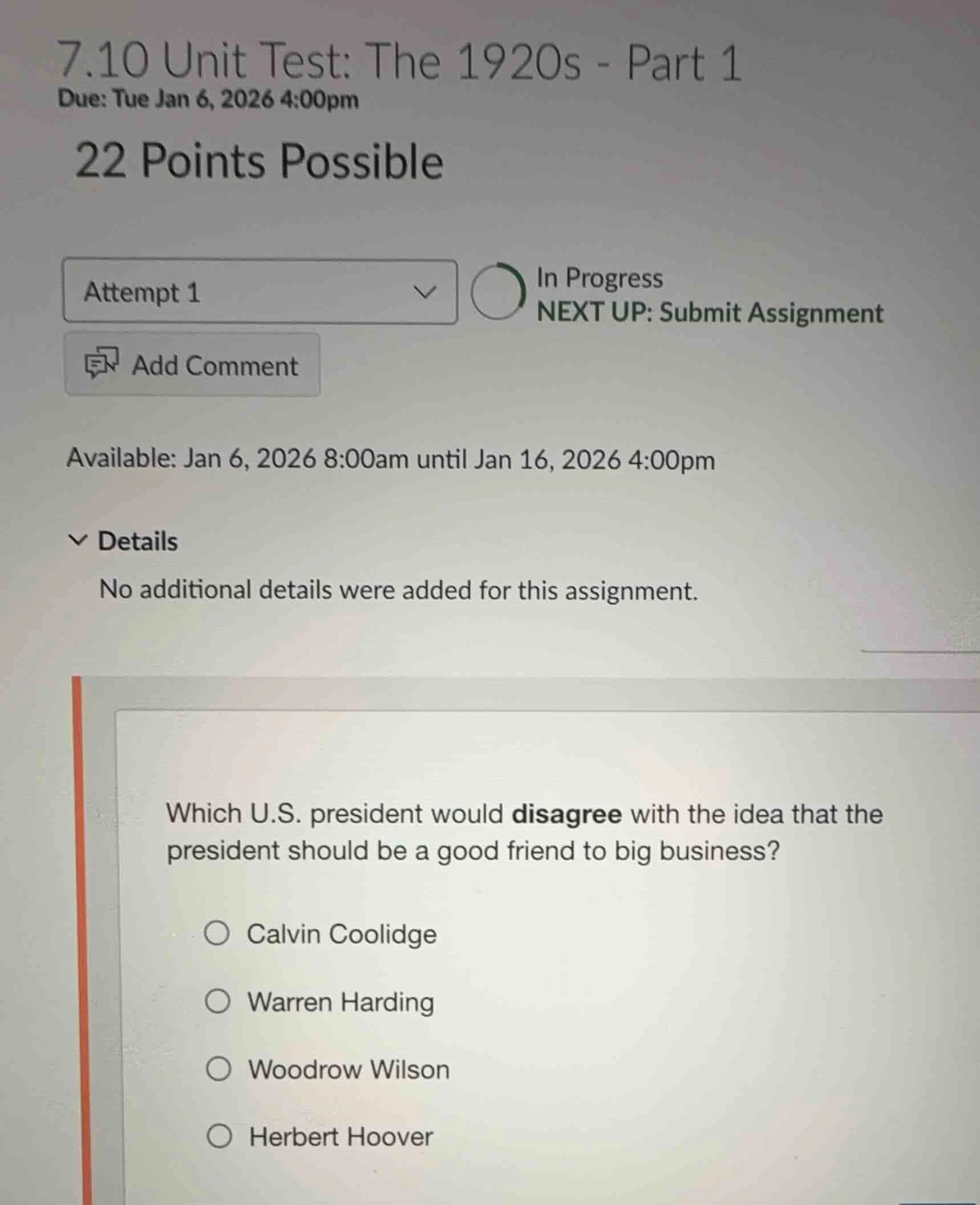 7.10 unit test: the 1920s - part 1 due: tue jan 6, 2026 4:00pm 22 point…