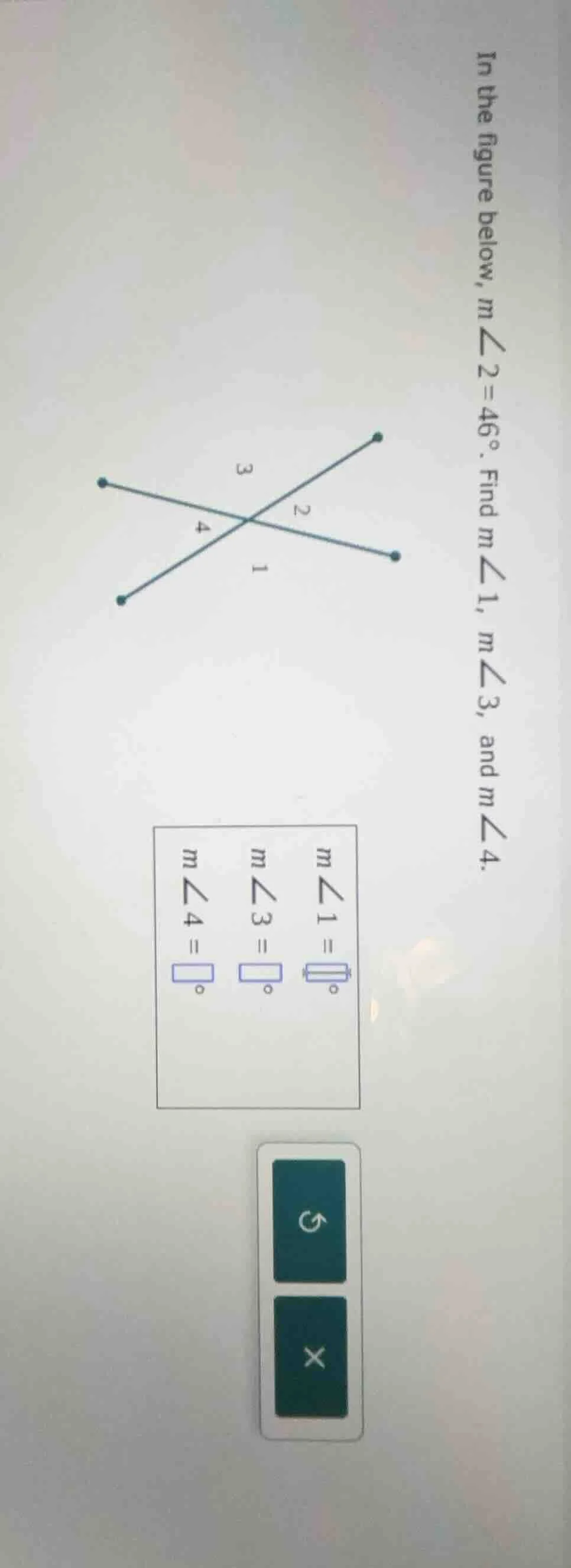 in the figure below, m∠2 = 46°. find m∠1, m∠3, and m∠4. m∠1 = \\(\\squa…