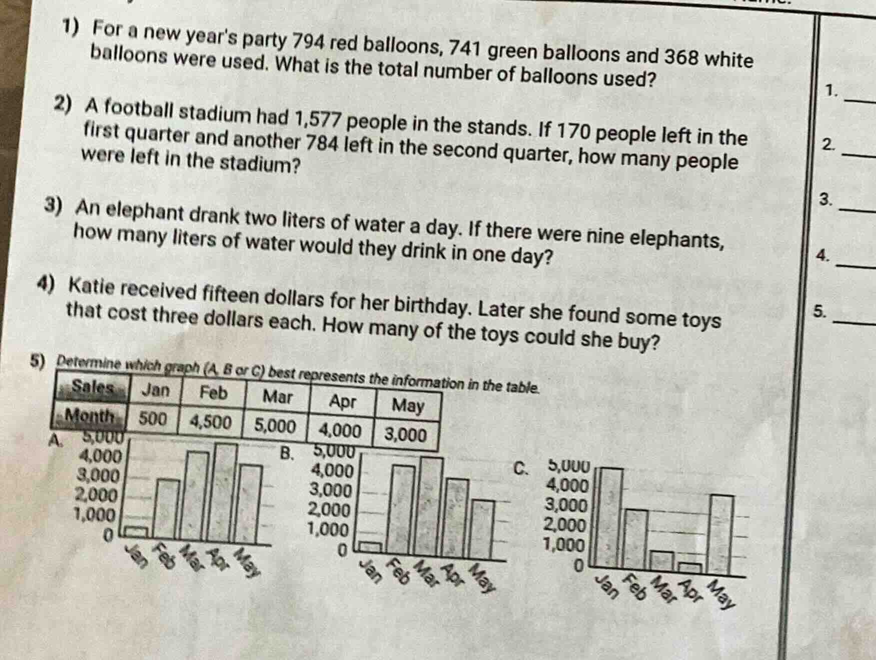 1) for a new years party 794 red balloons, 741 green balloons and 368 w…