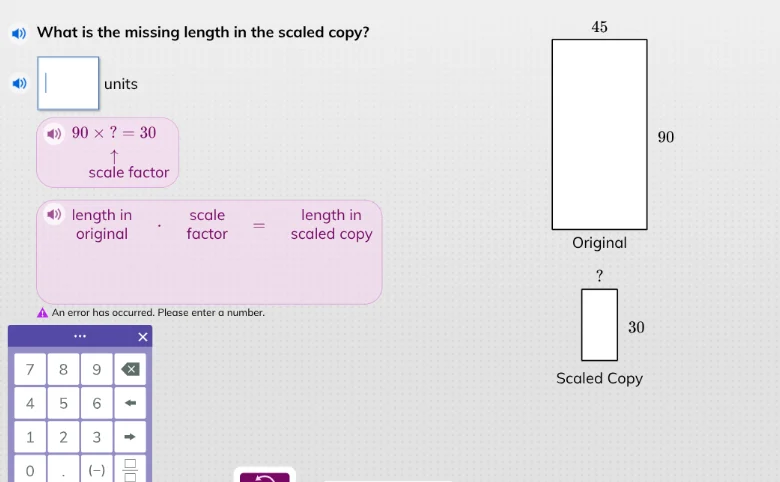 what is the missing length in the scaled copy? units 90 × ? = 30 scale …