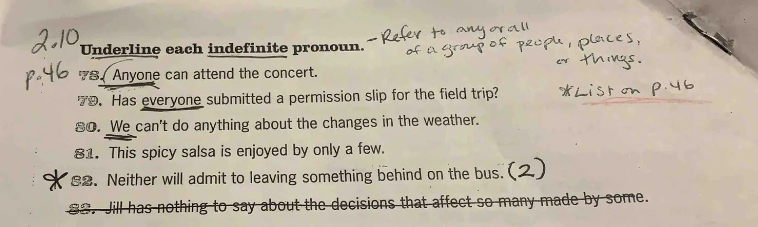 2.10 p.46 underline each indefinite pronoun. 78. anyone can attend the …