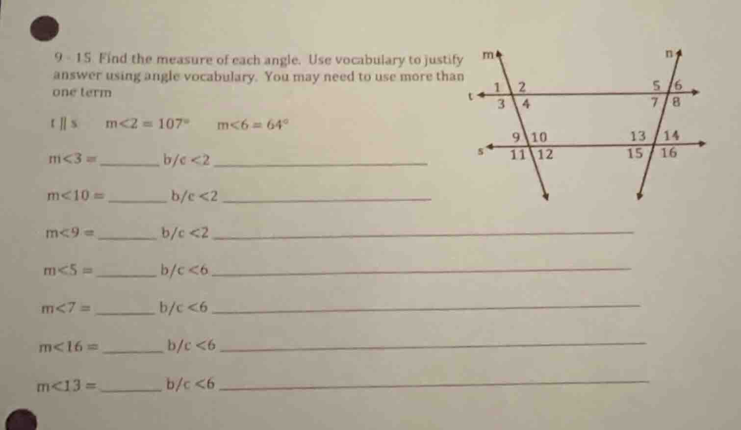 9 - 15. find the measure of each angle. use vocabulary to justify answe…