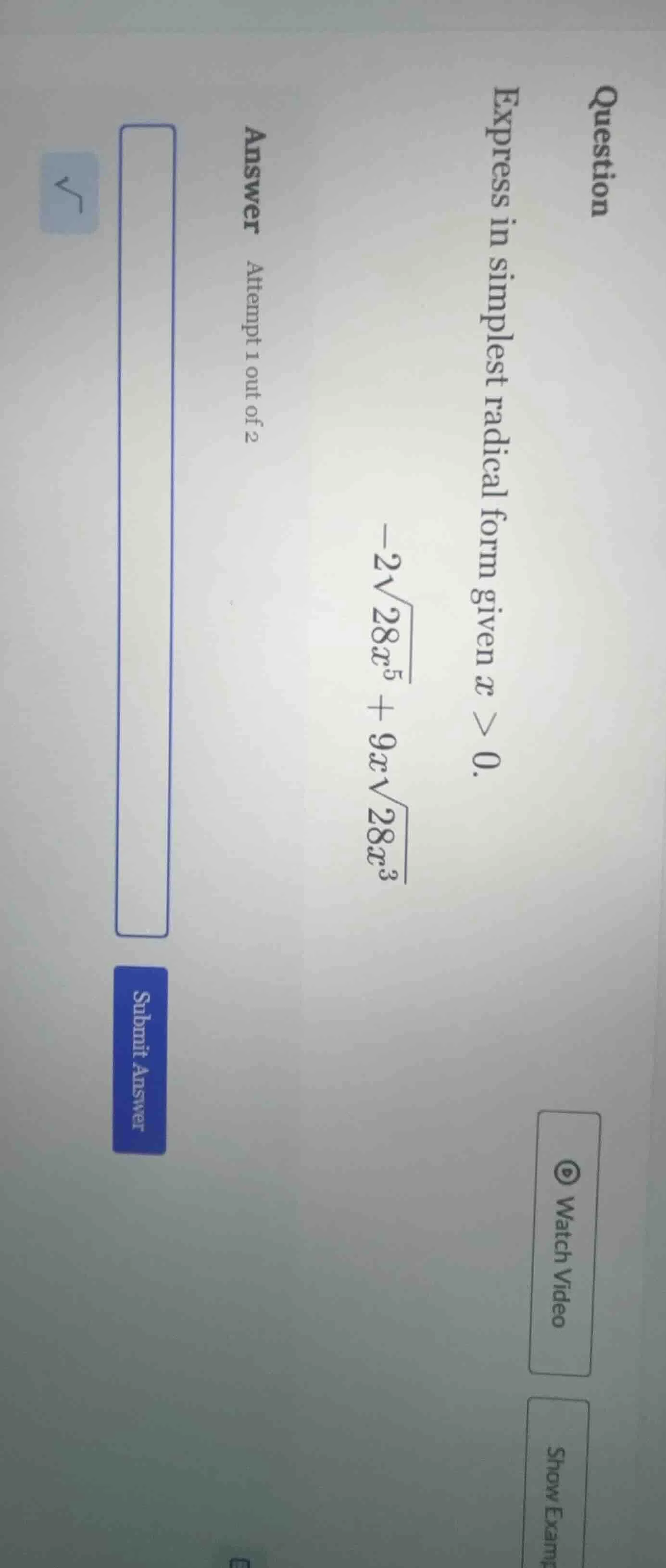 question express in simplest radical form given ( x > 0 ). ( -2sqrt{28x…