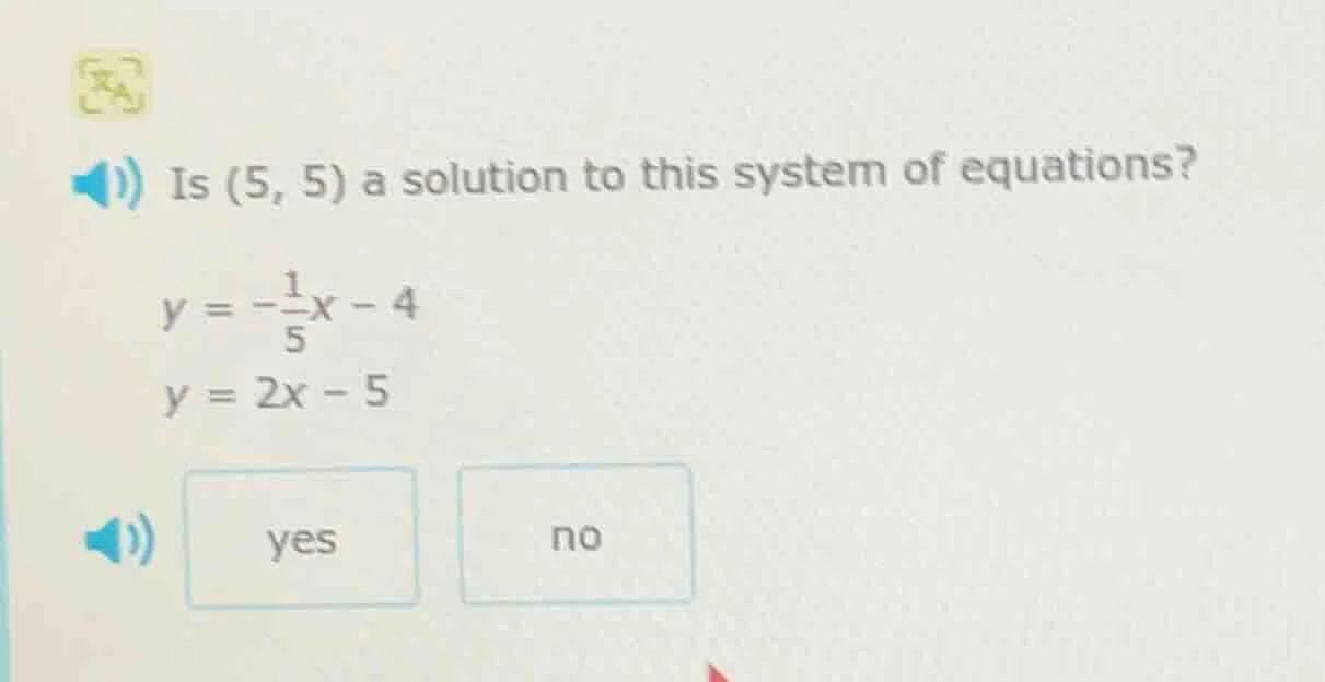 is (5, 5) a solution to this system of equations? $y = -\frac{1}{5}x - …