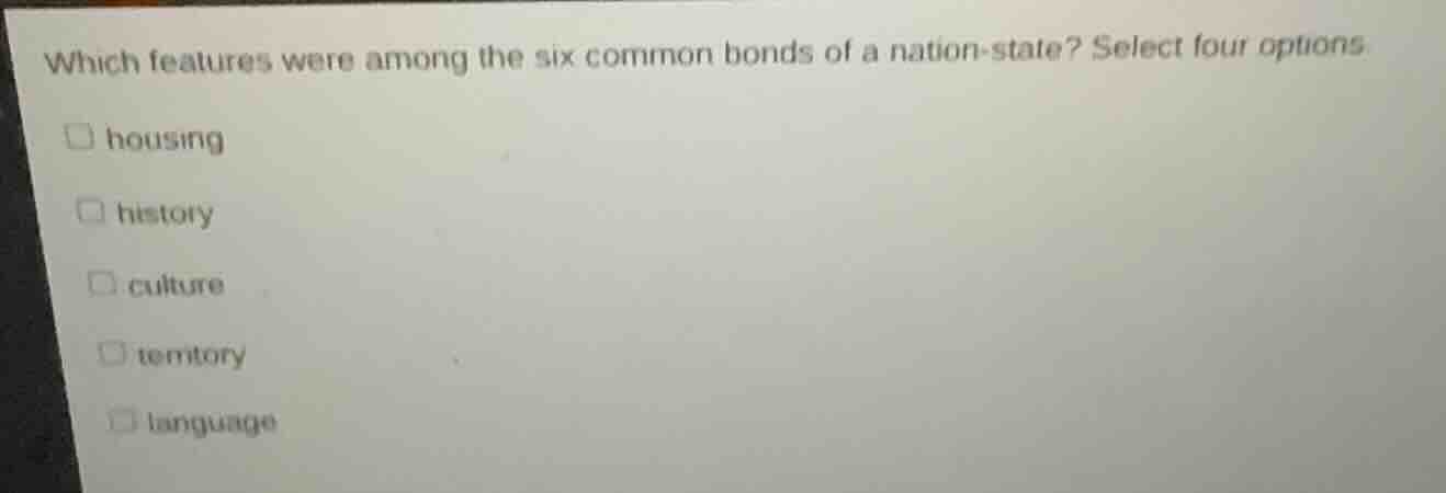 which features were among the six common bonds of a nation - state? sel…