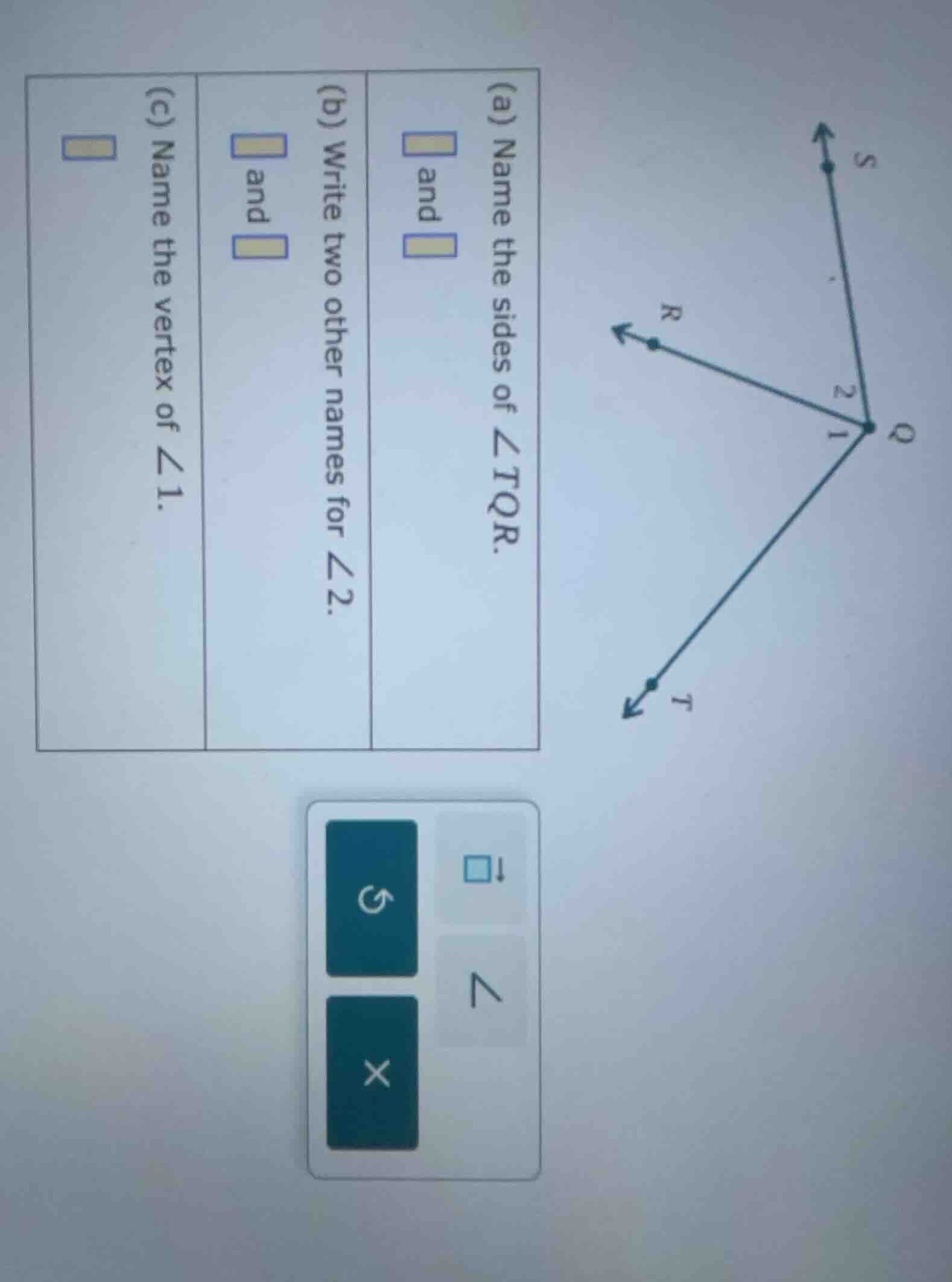 (a) name the sides of ∠tqr. (b) write two other names for ∠2. (c) name …