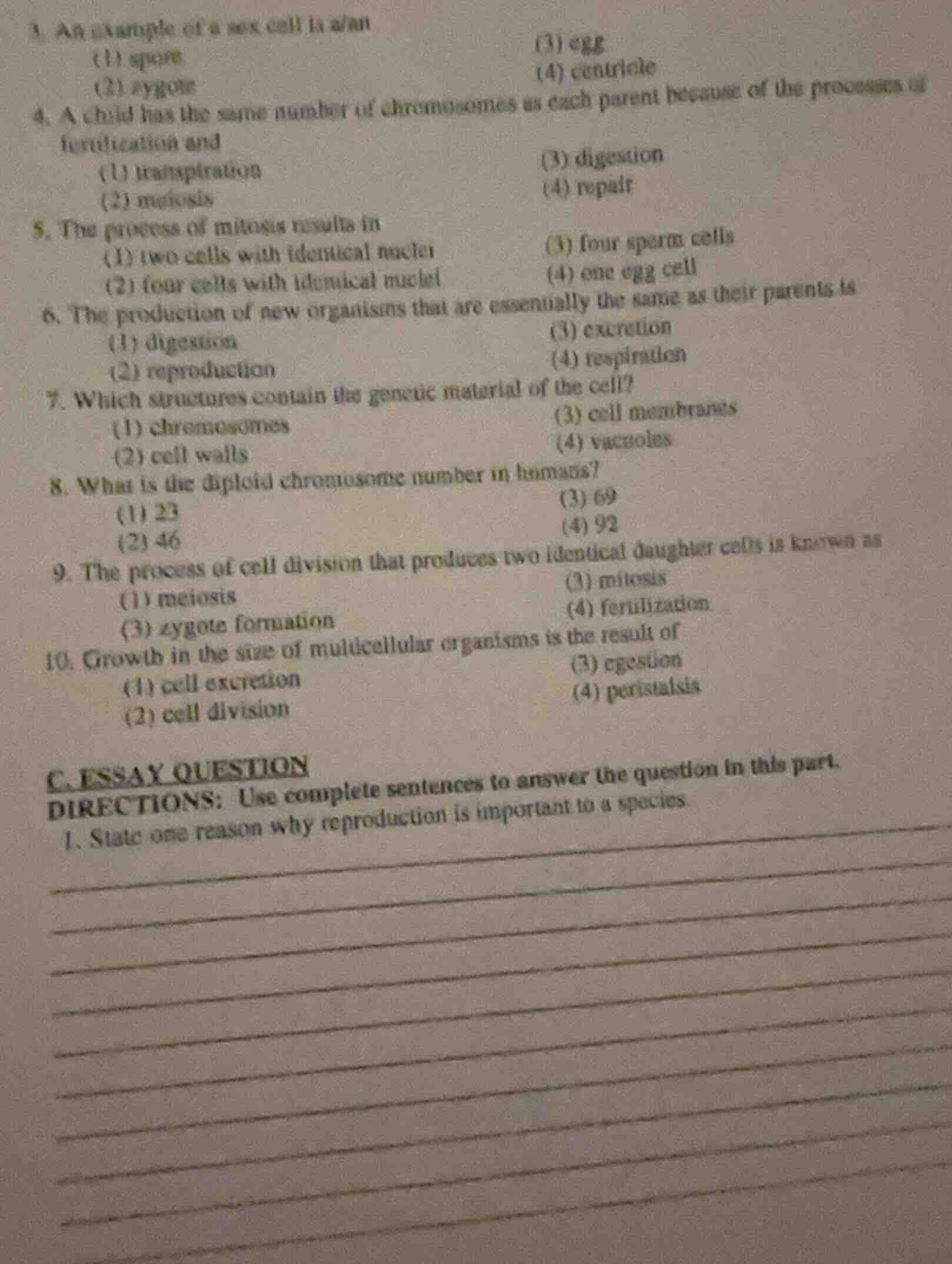 3. an example of a sex cell is a/an (1) spore (2) zygote (3) egg (4) ce…