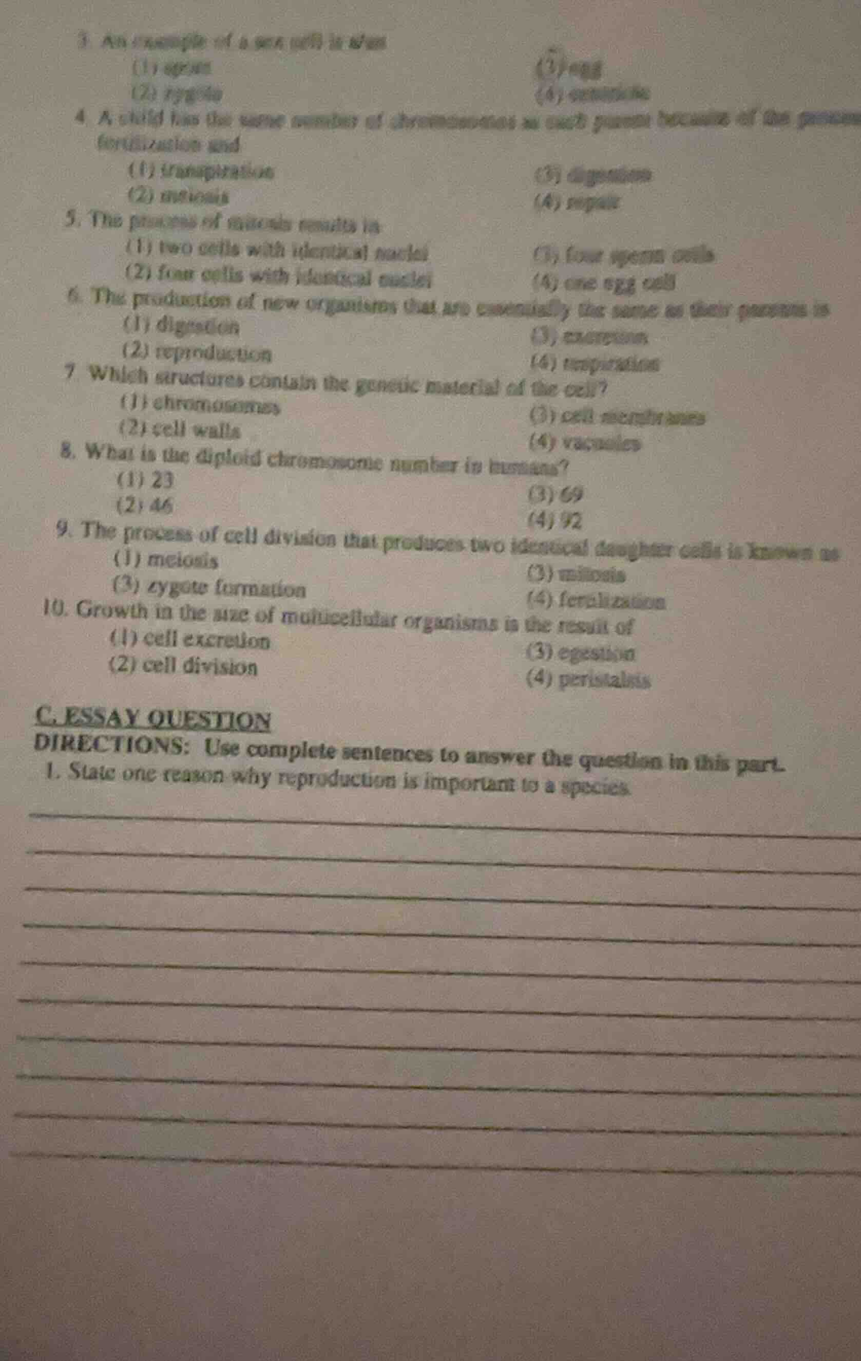 3 an example of a sex cell is a/an (1) sperm (3) egg (2) zygote (4) som…
