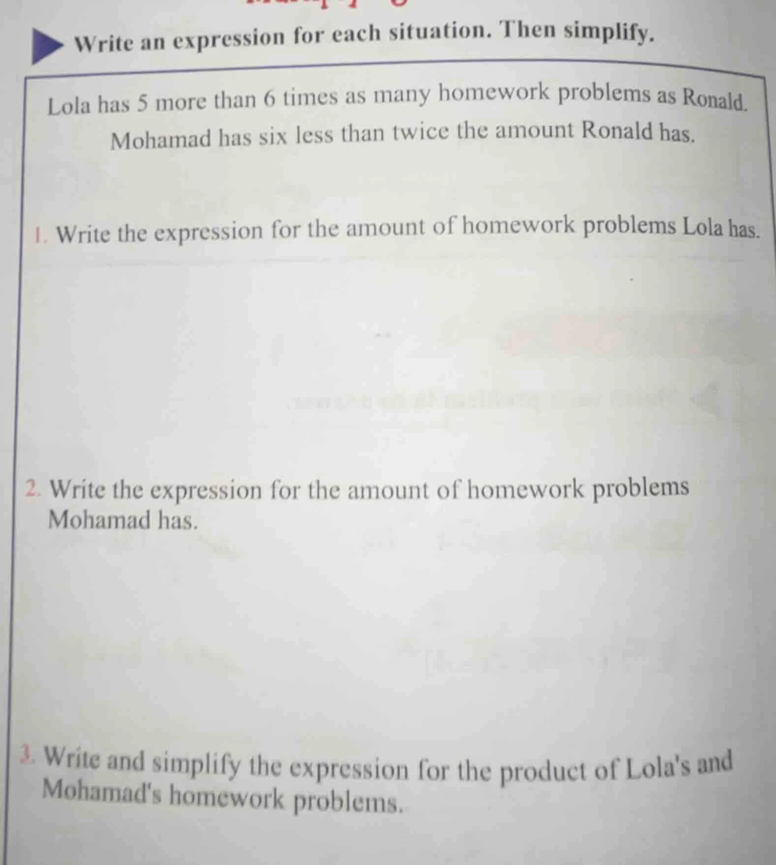 write an expression for each situation. then simplify. lola has 5 more …