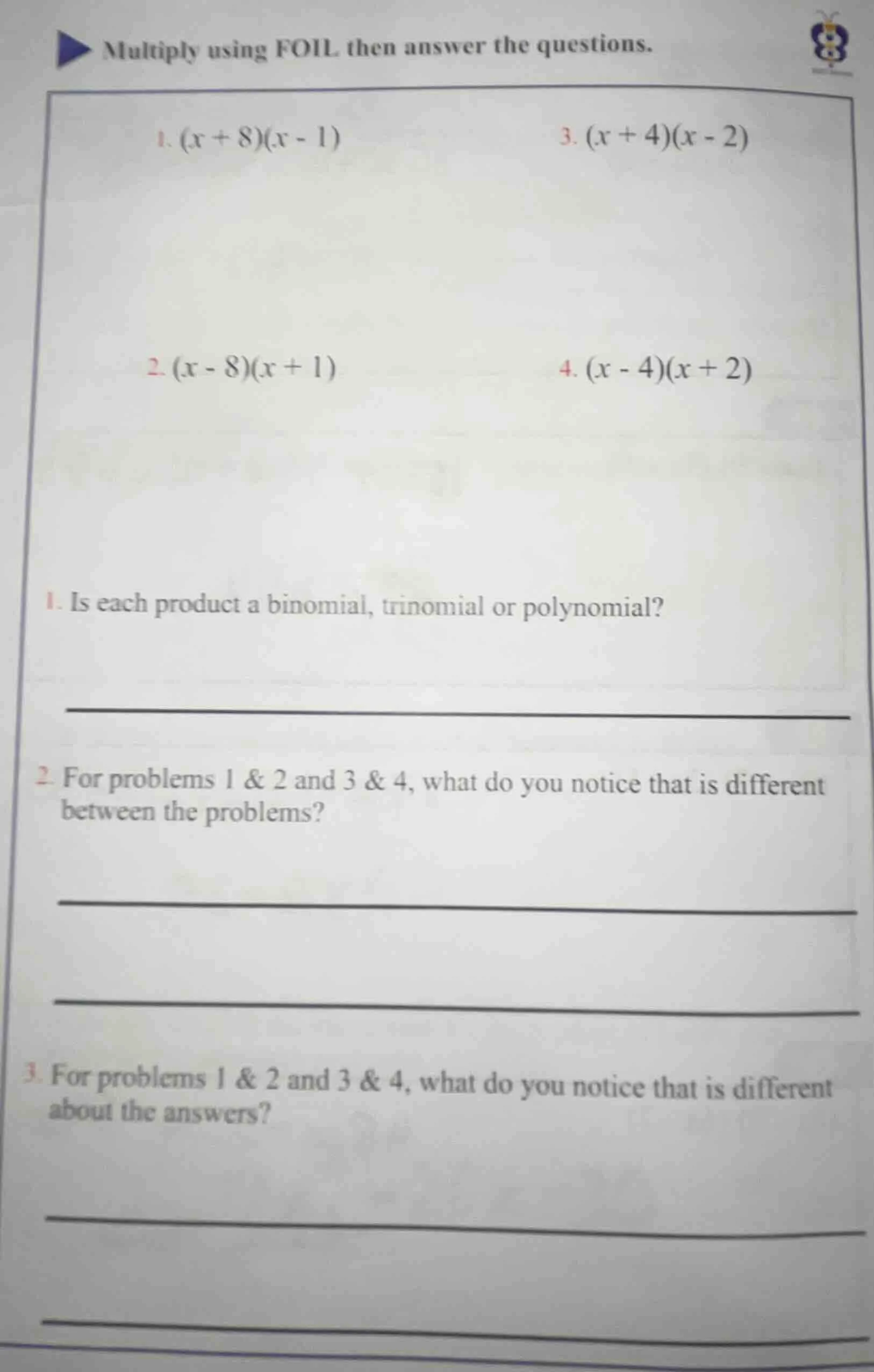 multiply using foil then answer the questions. 1. $(x + 8)(x - 1)$ 3. $…