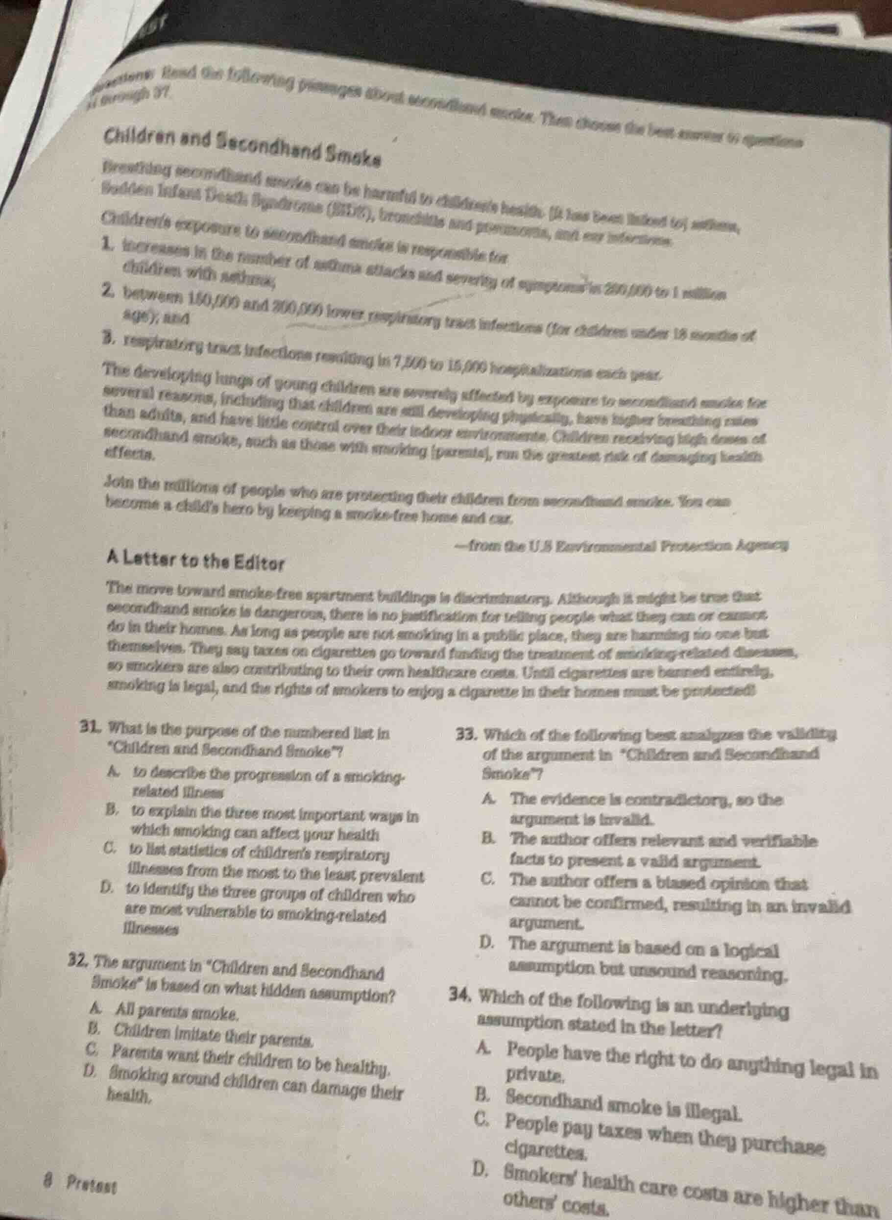 read the following passages about secondhand smoke. then choose the bes…
