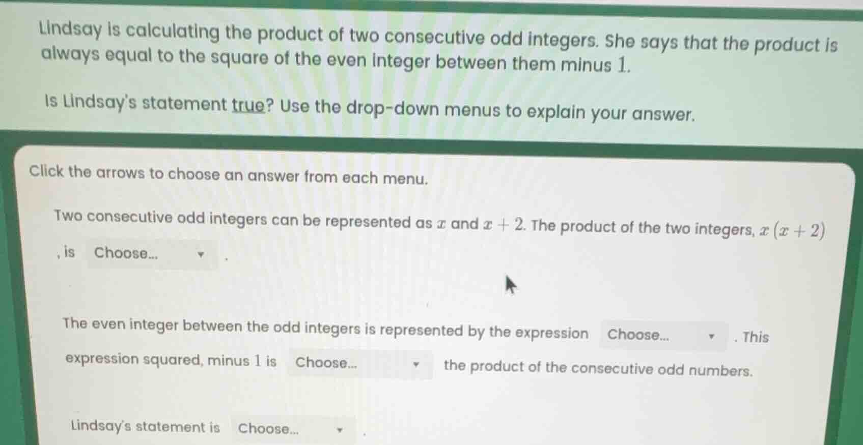 lindsay is calculating the product of two consecutive odd integers. she…