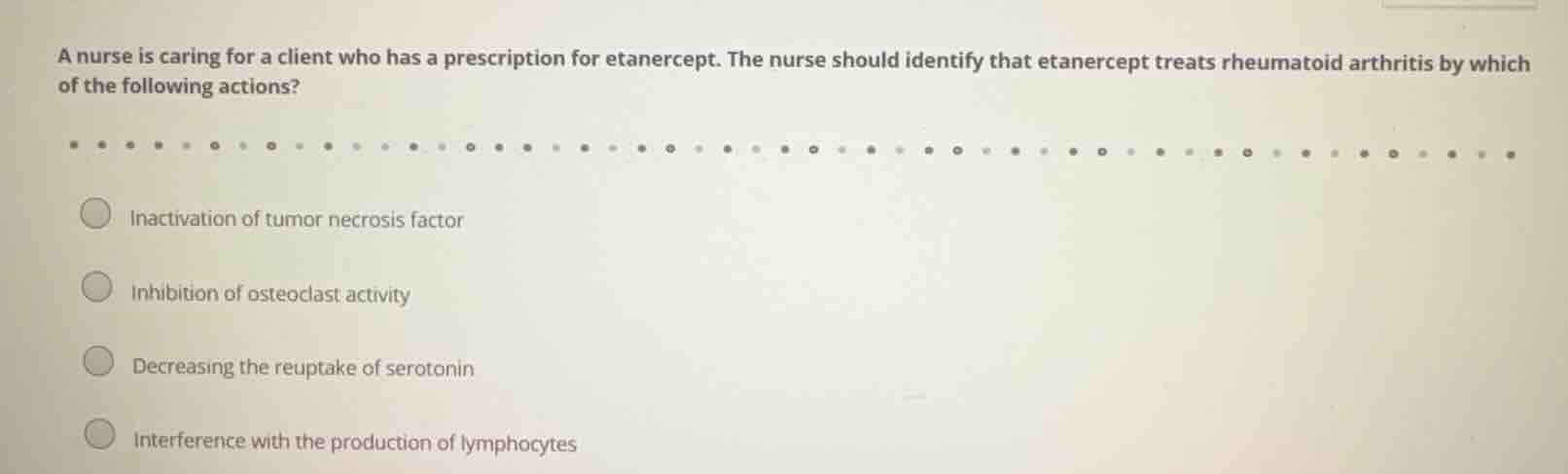 a nurse is caring for a client who has a prescription for etanercept. t…