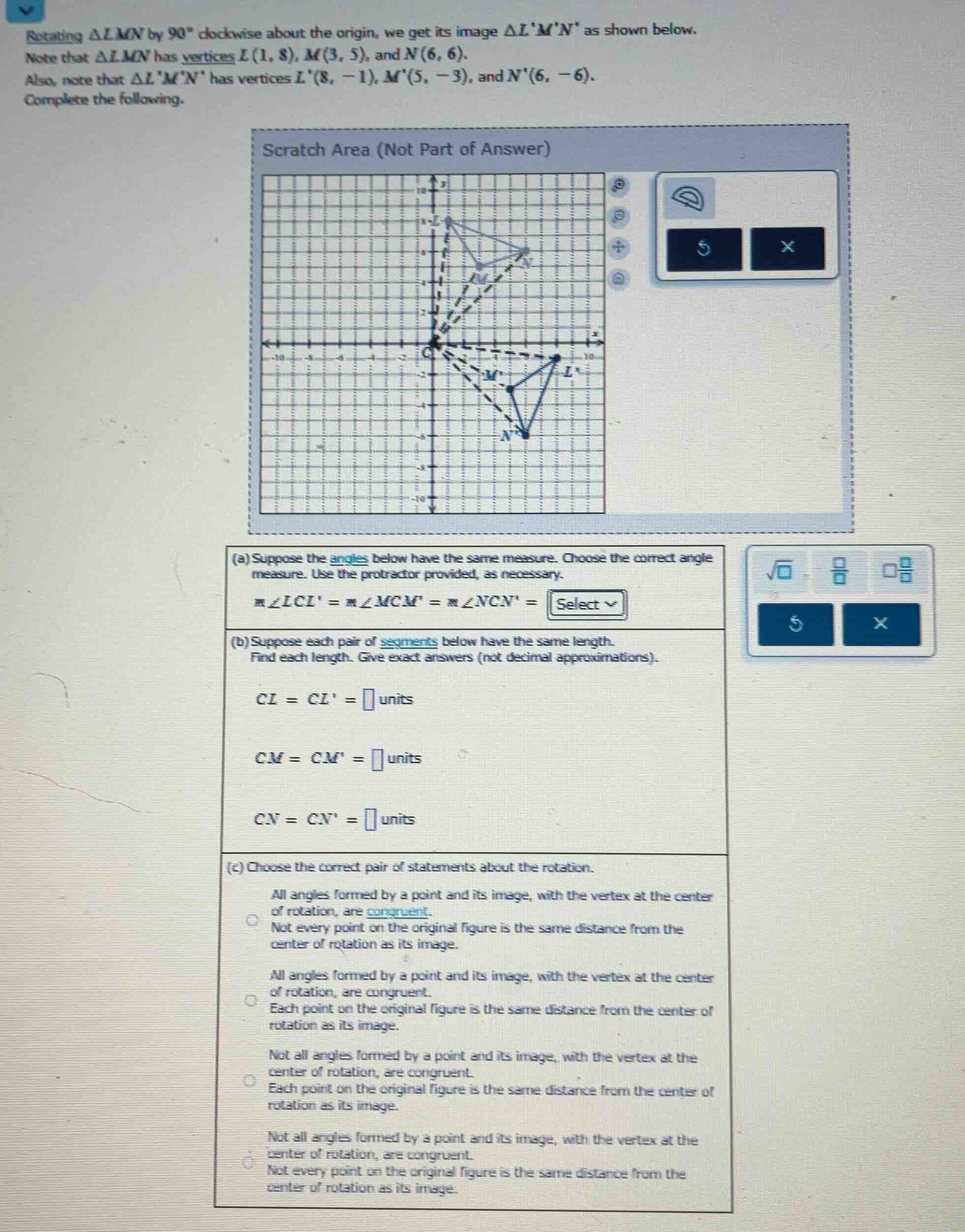 rotating $\triangle lmn$ by $90^circ$ clockwise about the origin, we ge…