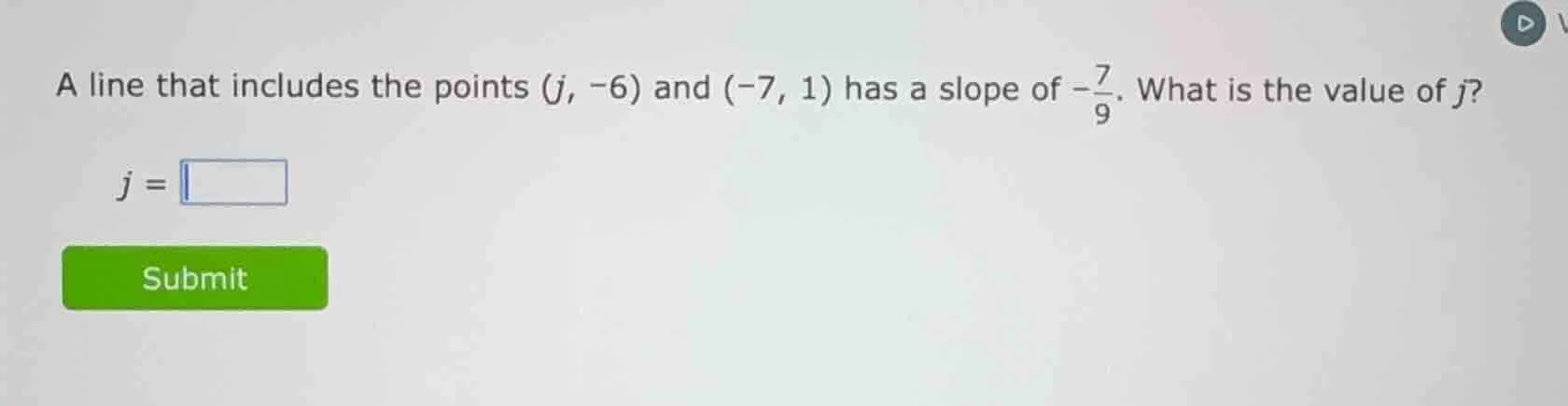 a line that includes the points (j, -6) and (-7, 1) has a slope of $-\f…