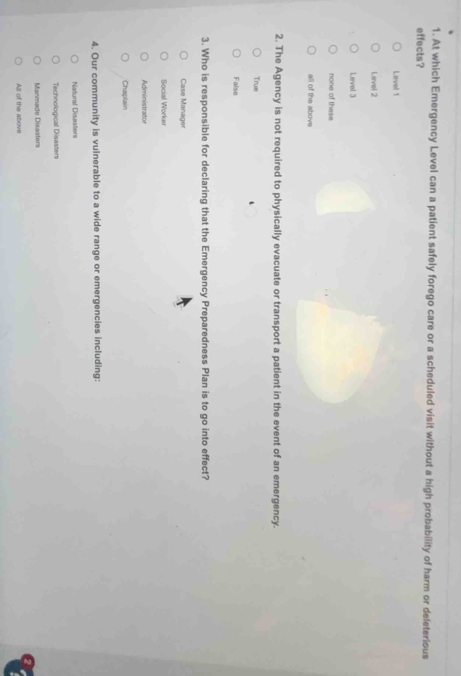 1. at which emergency level can a patient safely forego care or a sched…