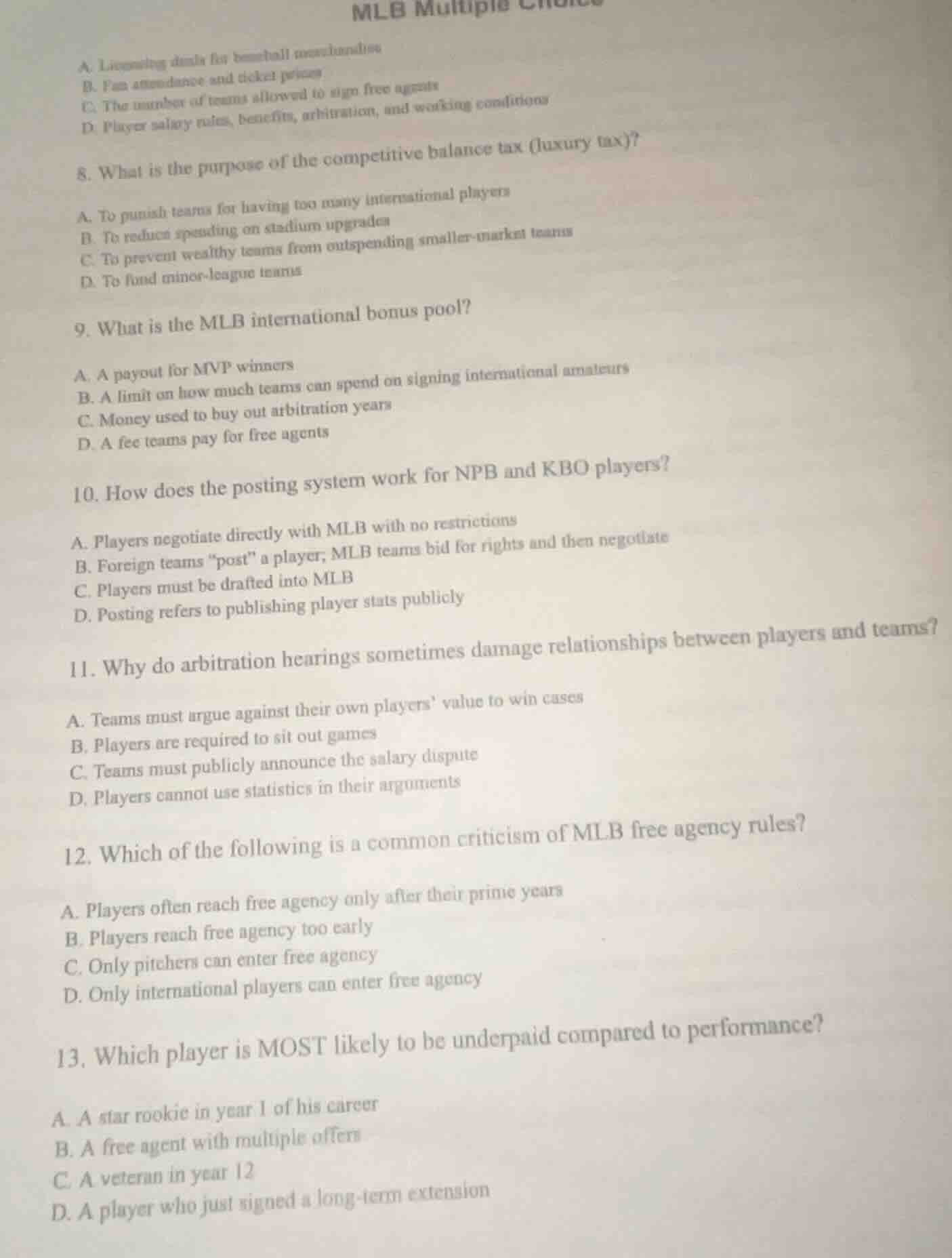 mlb multiple choice a. licensing deals for baseball merchandise b. fan …