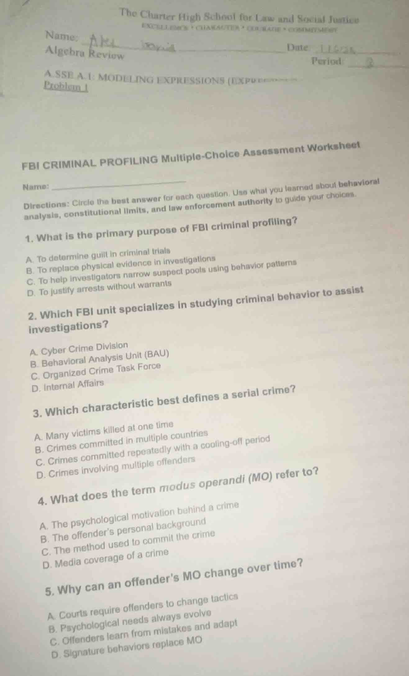 fbi criminal profiling multiple-choice assessment worksheet name: direc…