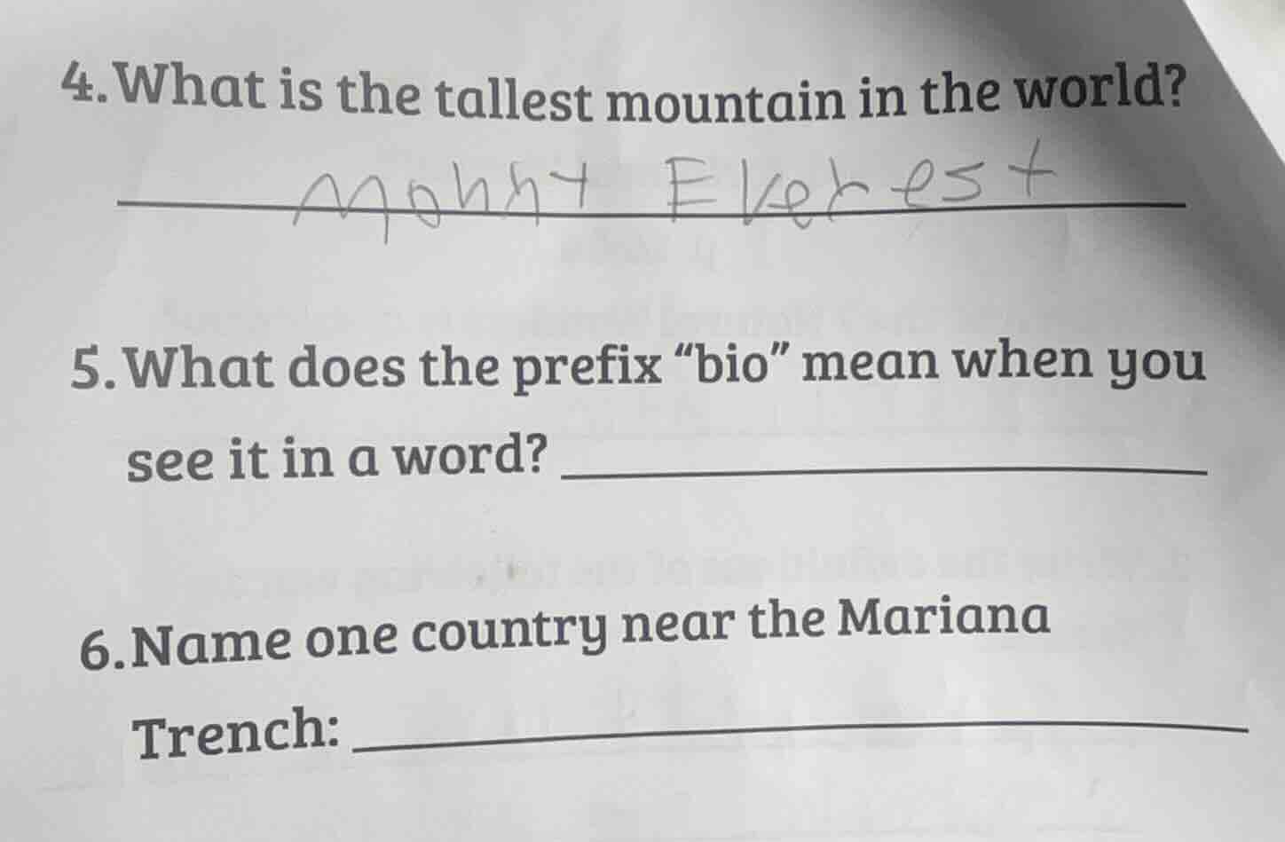 4. what is the tallest mountain in the world? 5. what does the prefix \…