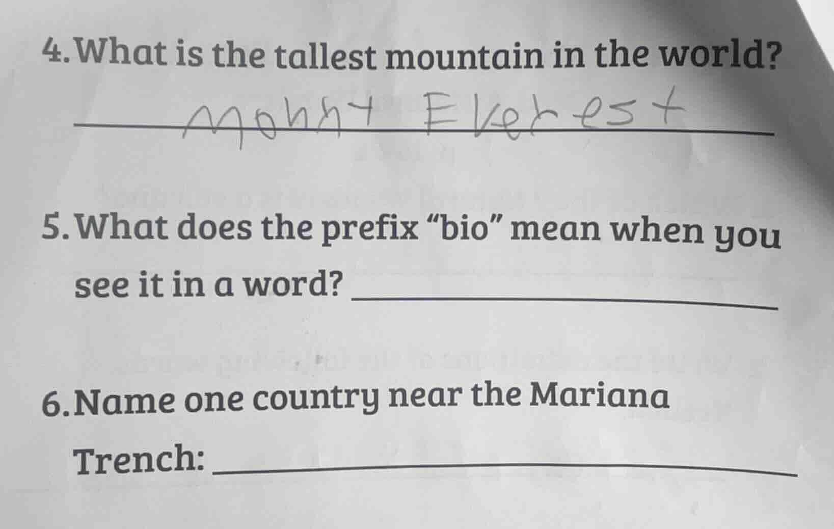 4. what is the tallest mountain in the world? 5. what does the prefix \…