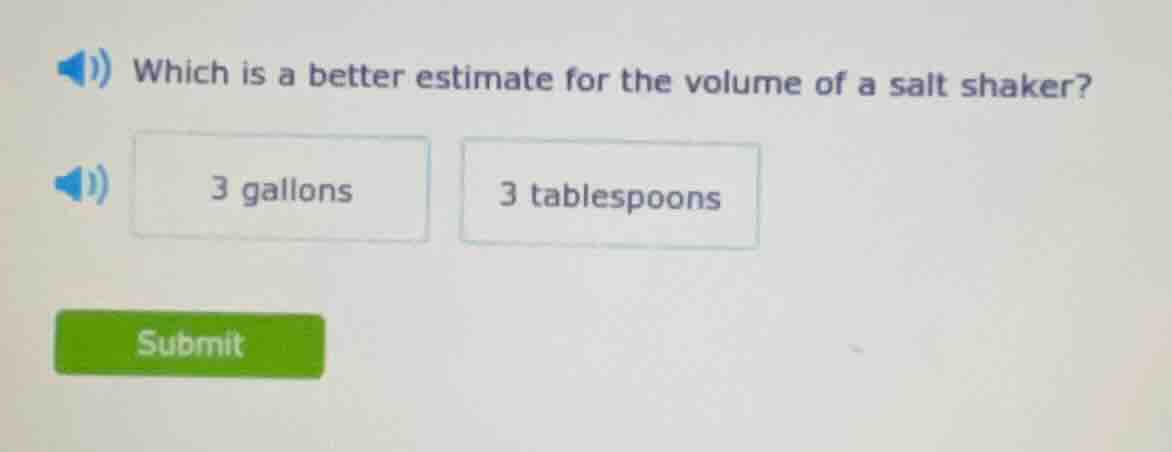 which is a better estimate for the volume of a salt shaker? 3 gallons 3…