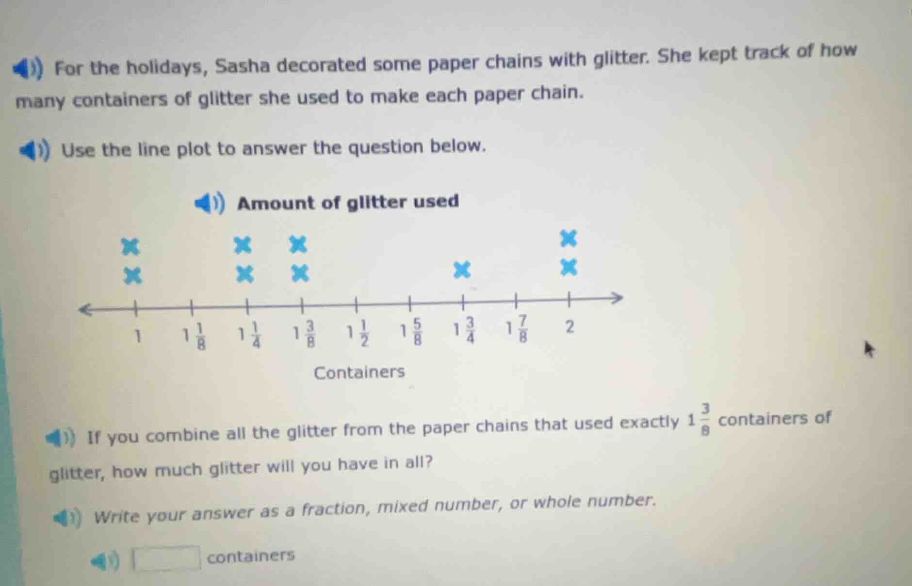 for the holidays, sasha decorated some paper chains with glitter. she k…