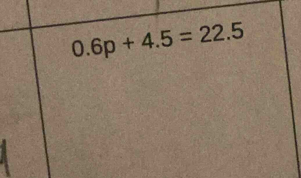 0.6p + 4.5 = 22.5