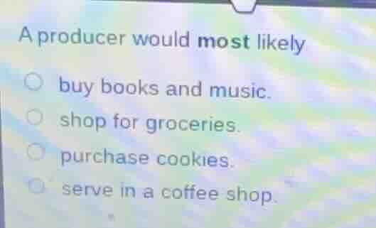 a producer would most likely buy books and music. shop for groceries. p…