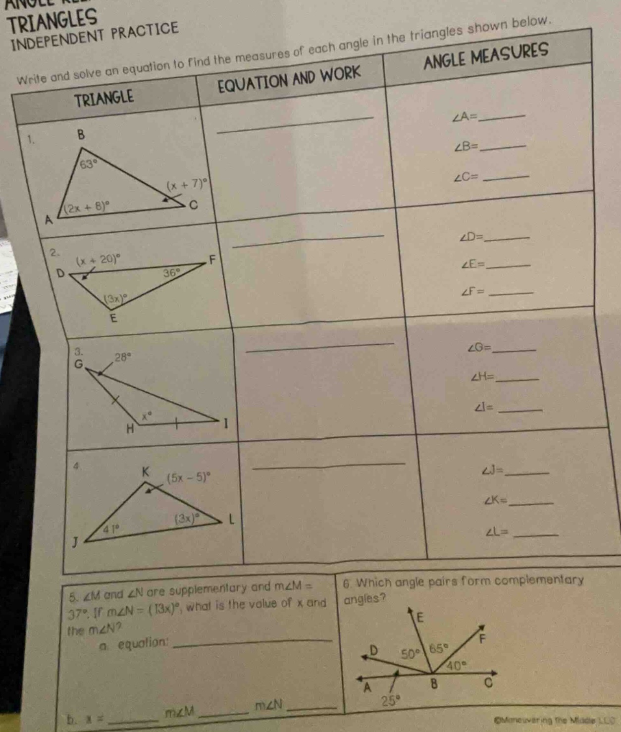 triangles independent practice write and solve an equation to find the …