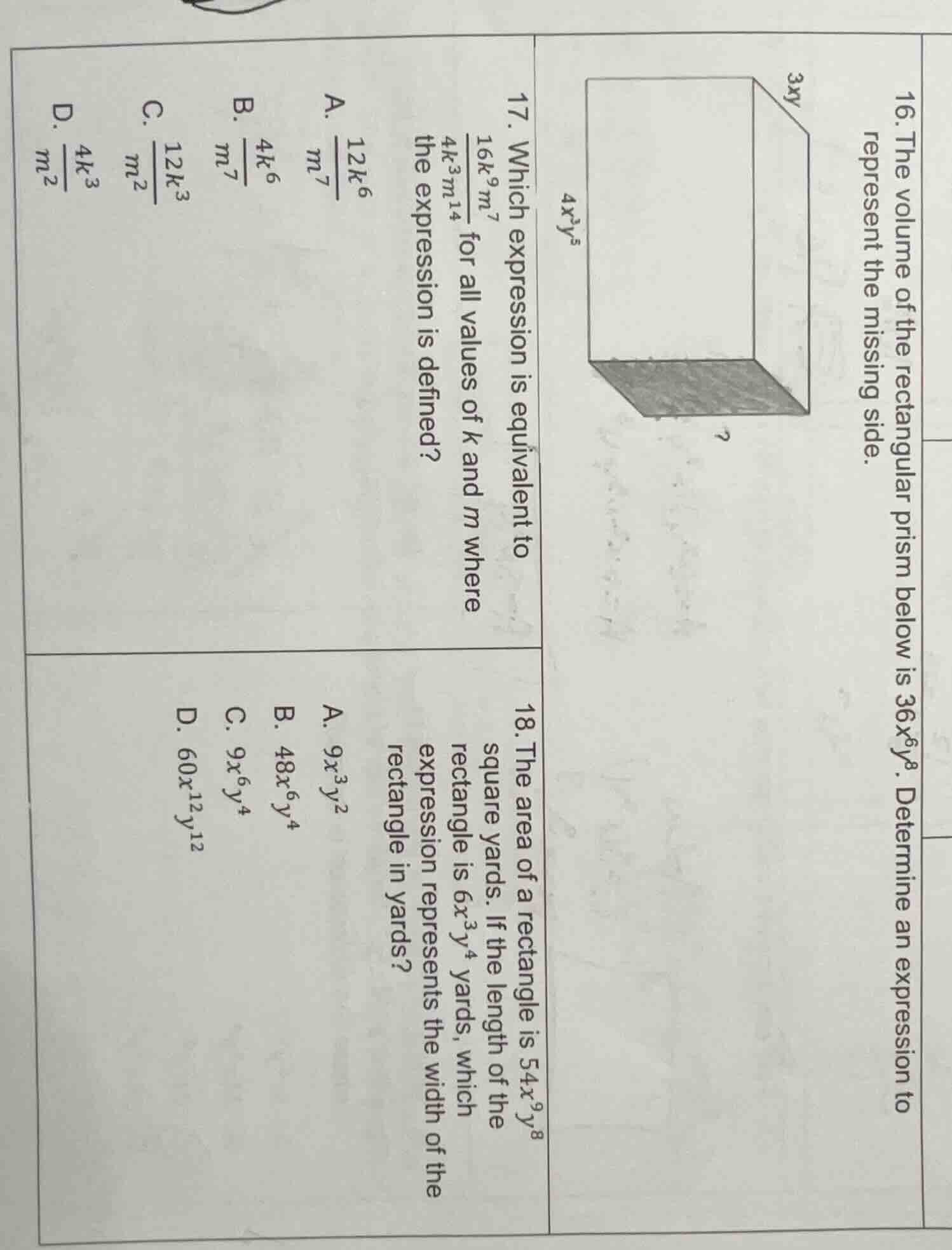 16. the volume of the rectangular prism below is $36x^6y^8$. determine …