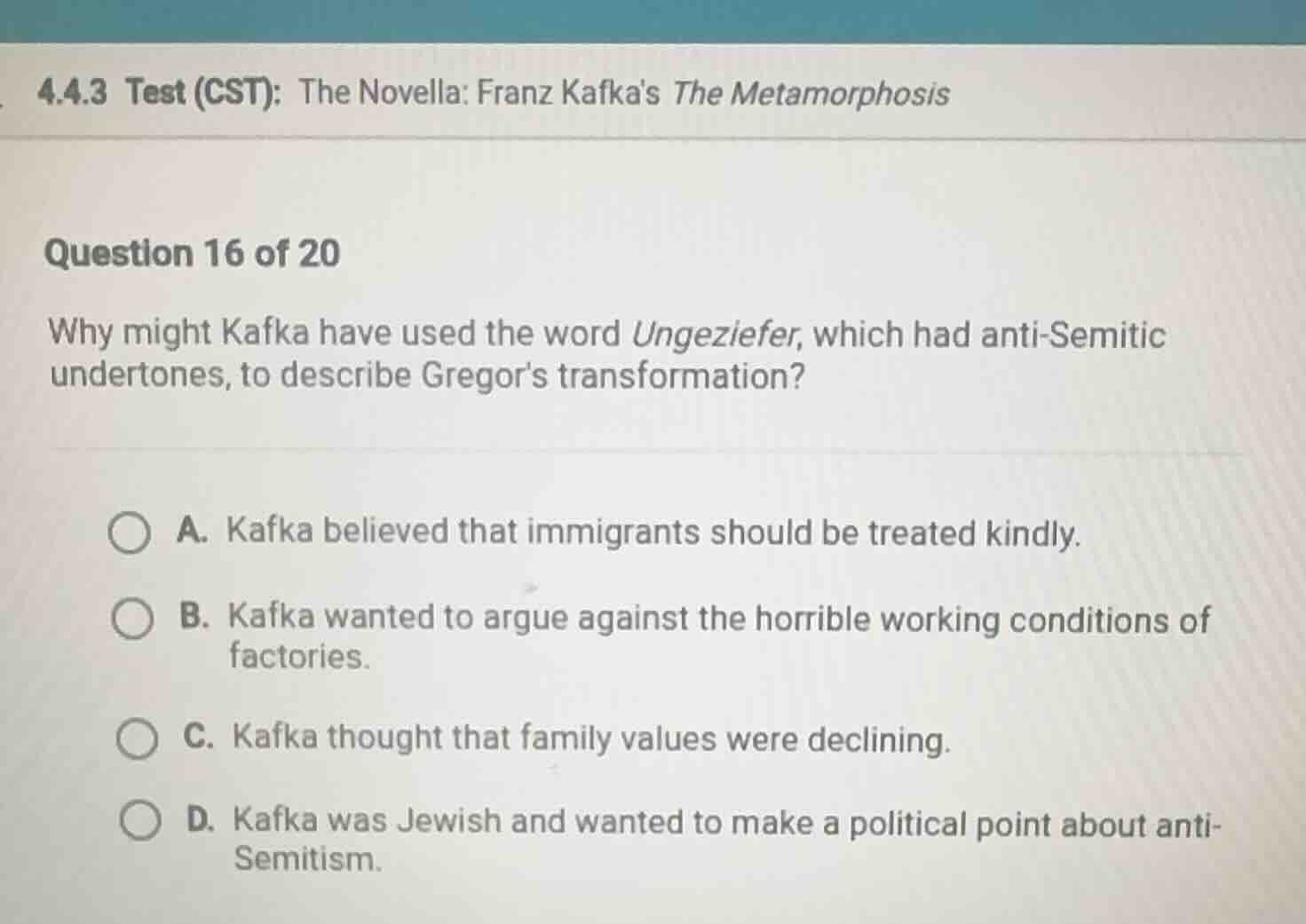 4.4.3 test (cst): the novella: franz kafkas the metamorphosis question …