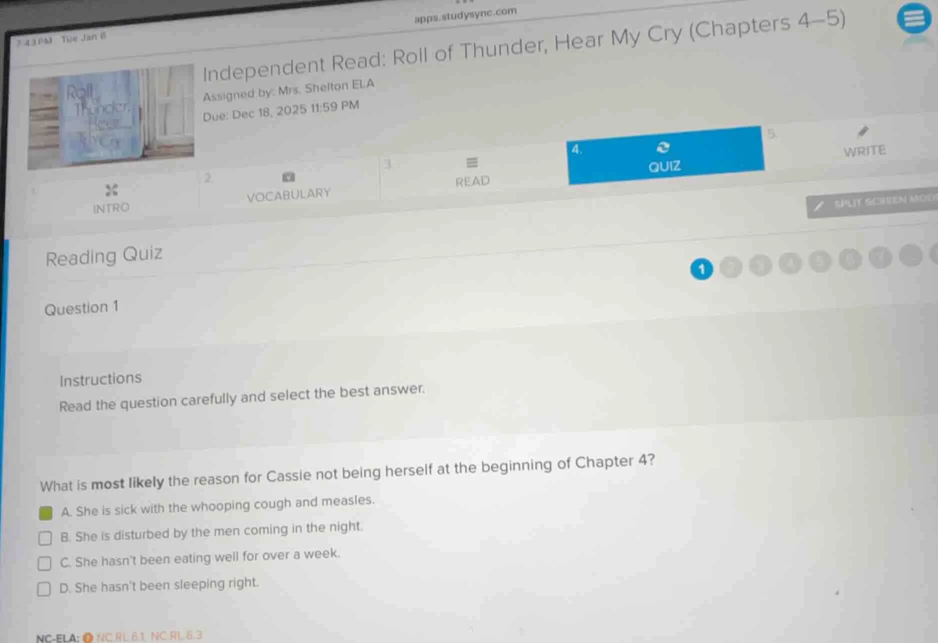 independent read: roll of thunder, hear my cry (chapters 4–5) assigned …