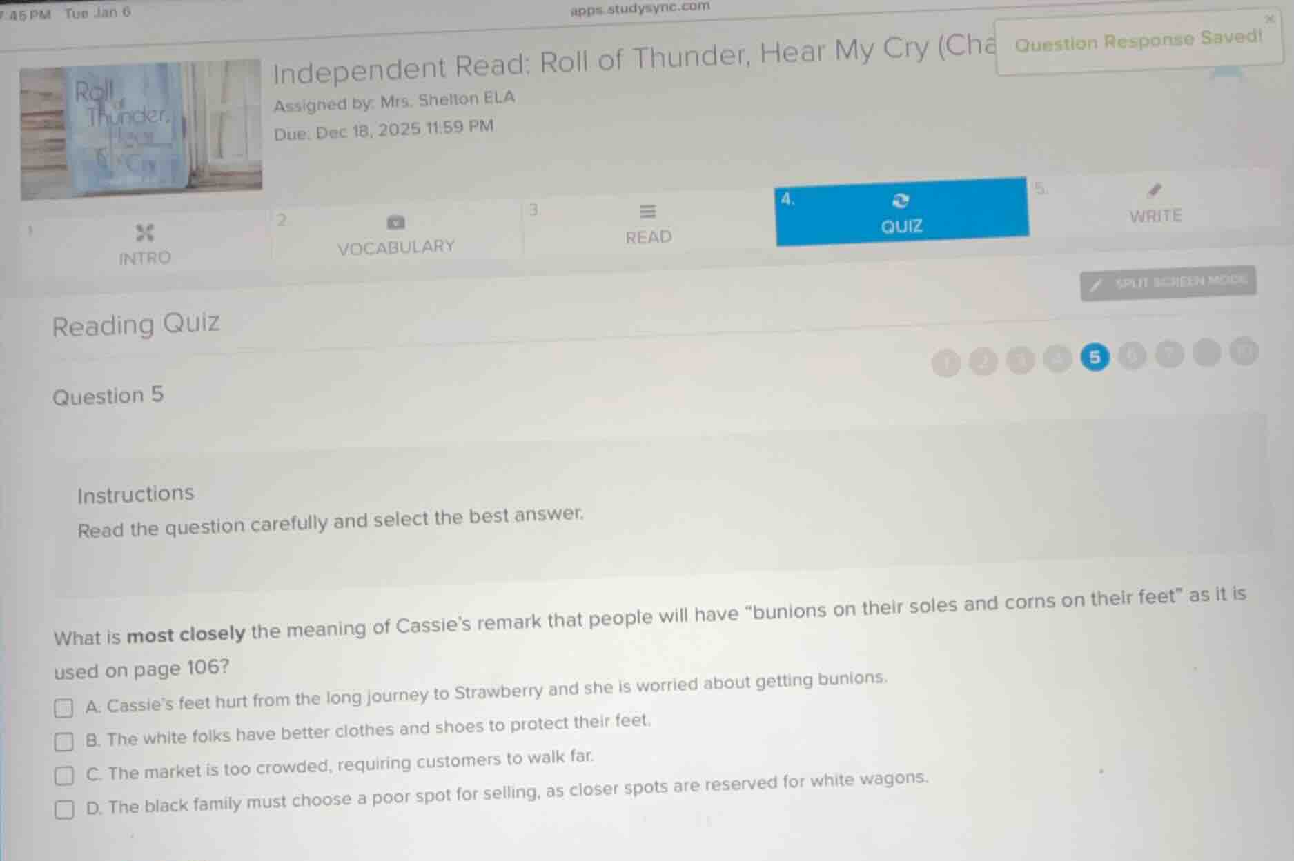 independent read: roll of thunder, hear my cry (cha assigned by: mrs. s…