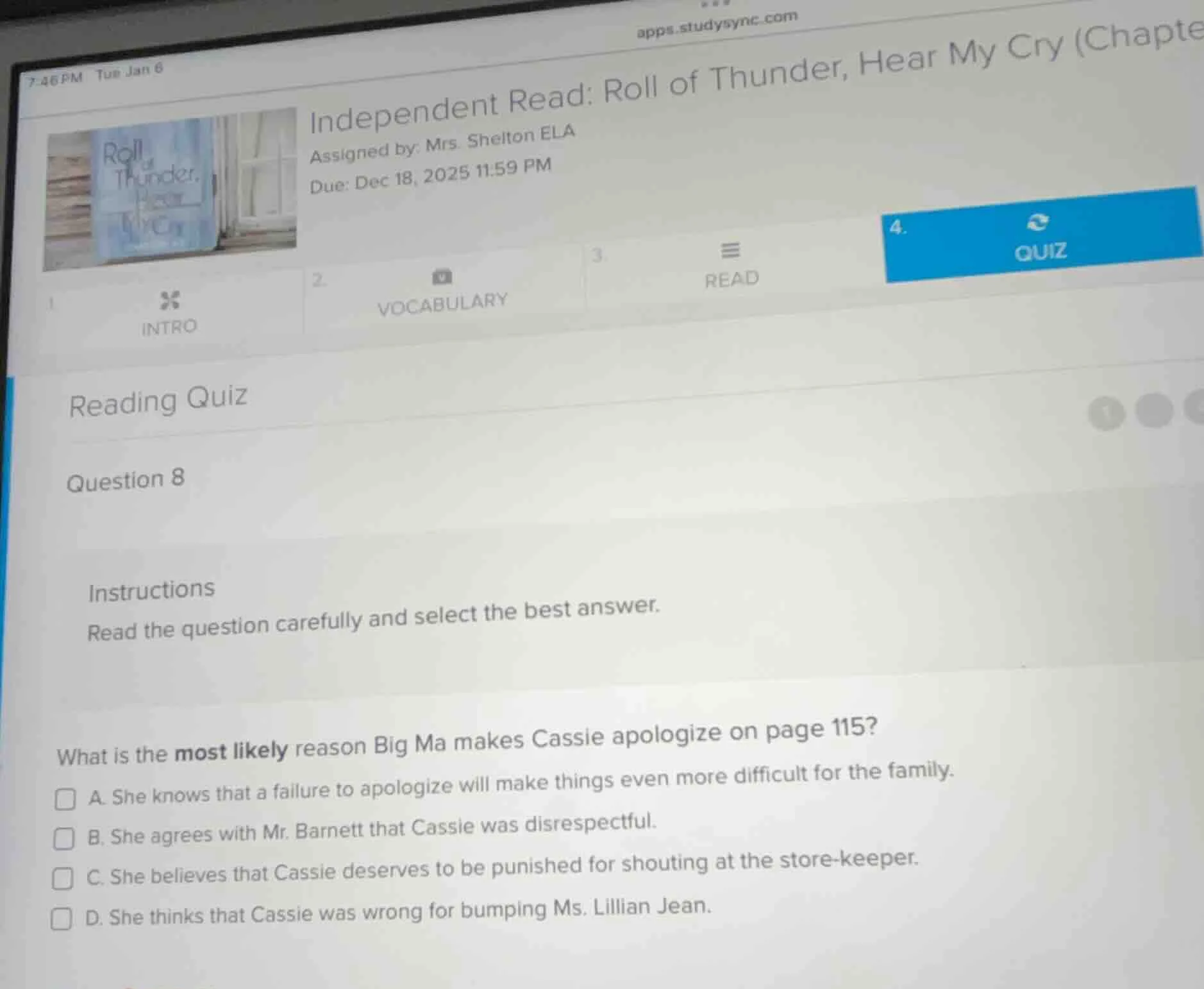 independent read: roll of thunder, hear my cry (chapte assigned by: mrs…