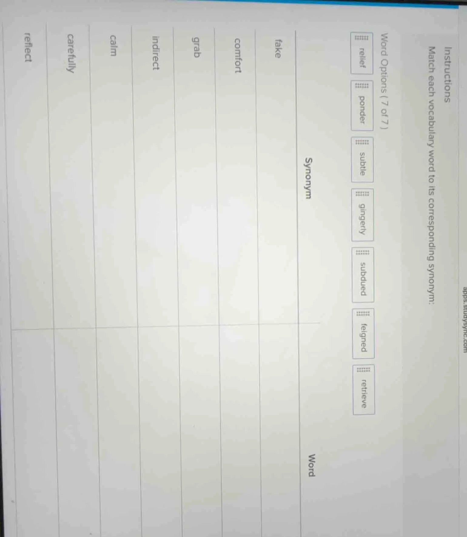instructions match each vocabulary word to its corresponding synonym: w…