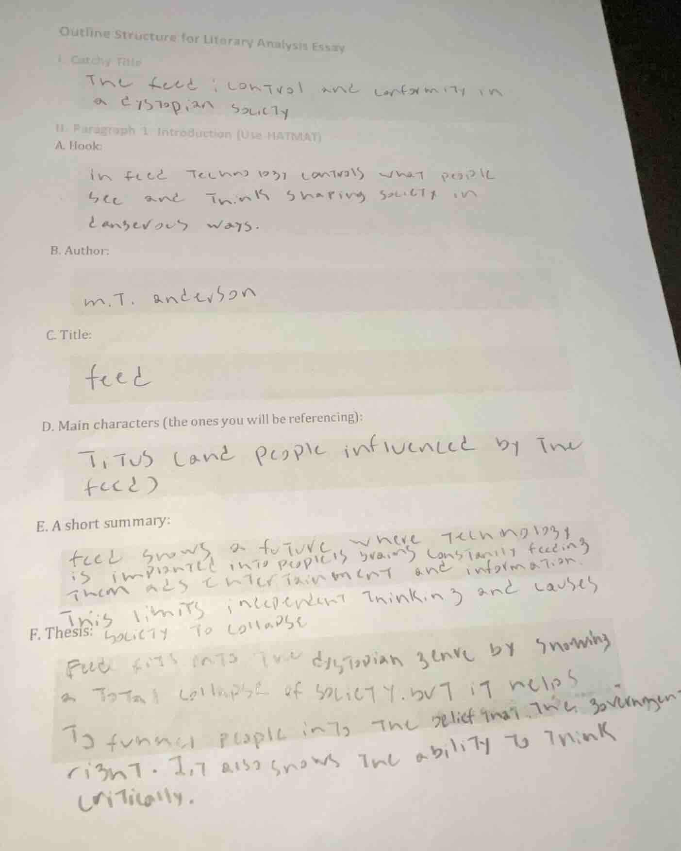 outline structure for literary analysis essay i. catchy title the feed …