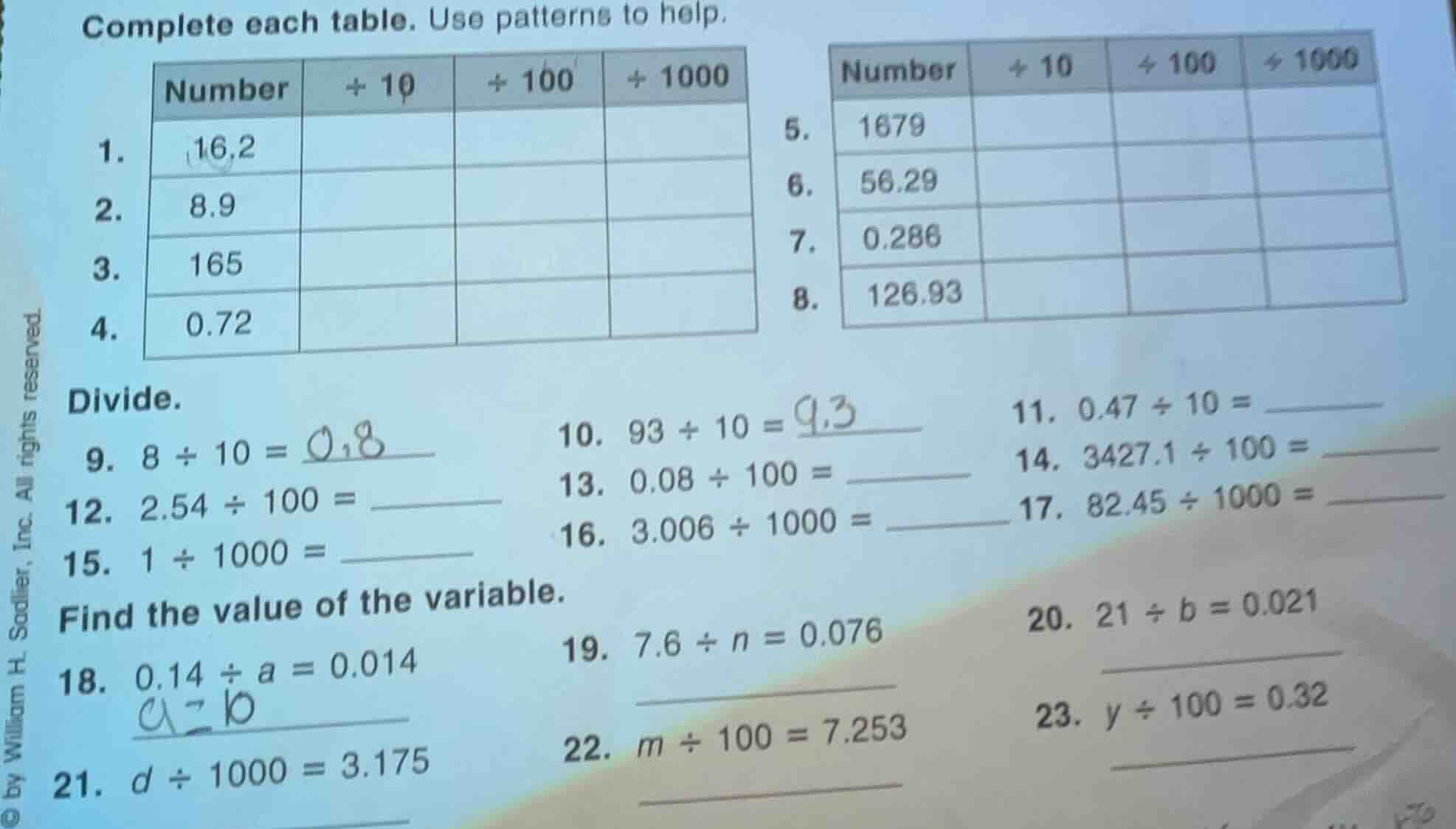complete each table. use patterns to help. | number | ÷ 10 | ÷ 100 | ÷ …
