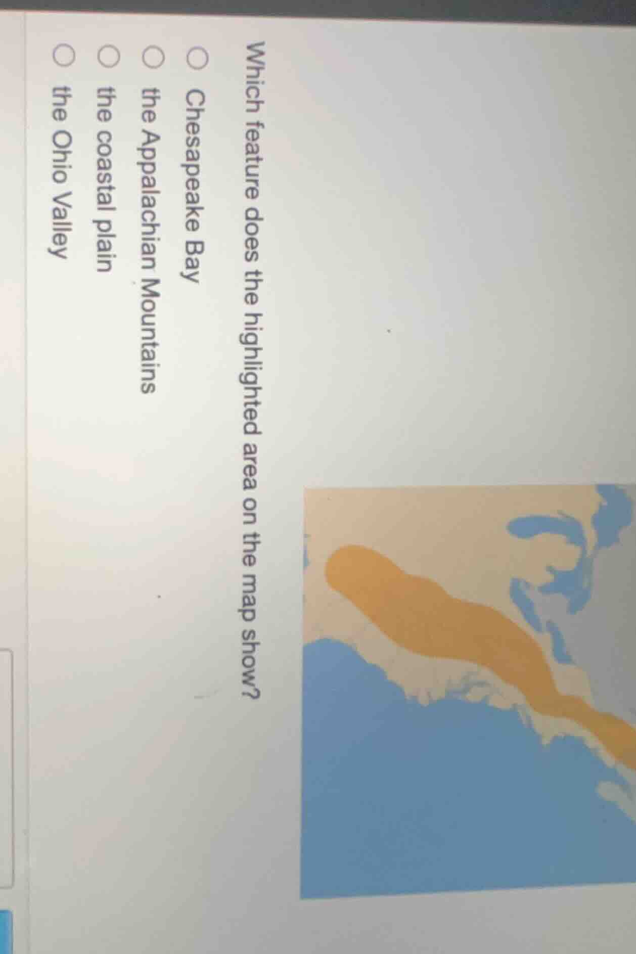 which feature does the highlighted area on the map show? ○ chesapeake b…