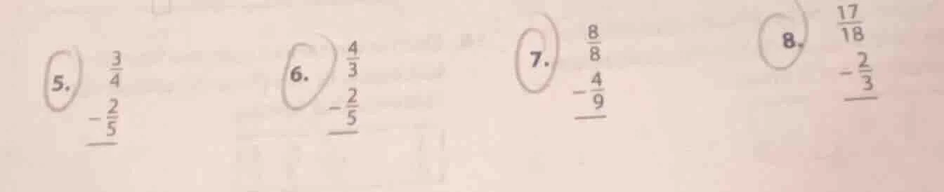 5. \\(\\begin{array}{r}\\frac{3}{4}\\\\ -\\frac{2}{5}\\\\ \\hline\\end{…