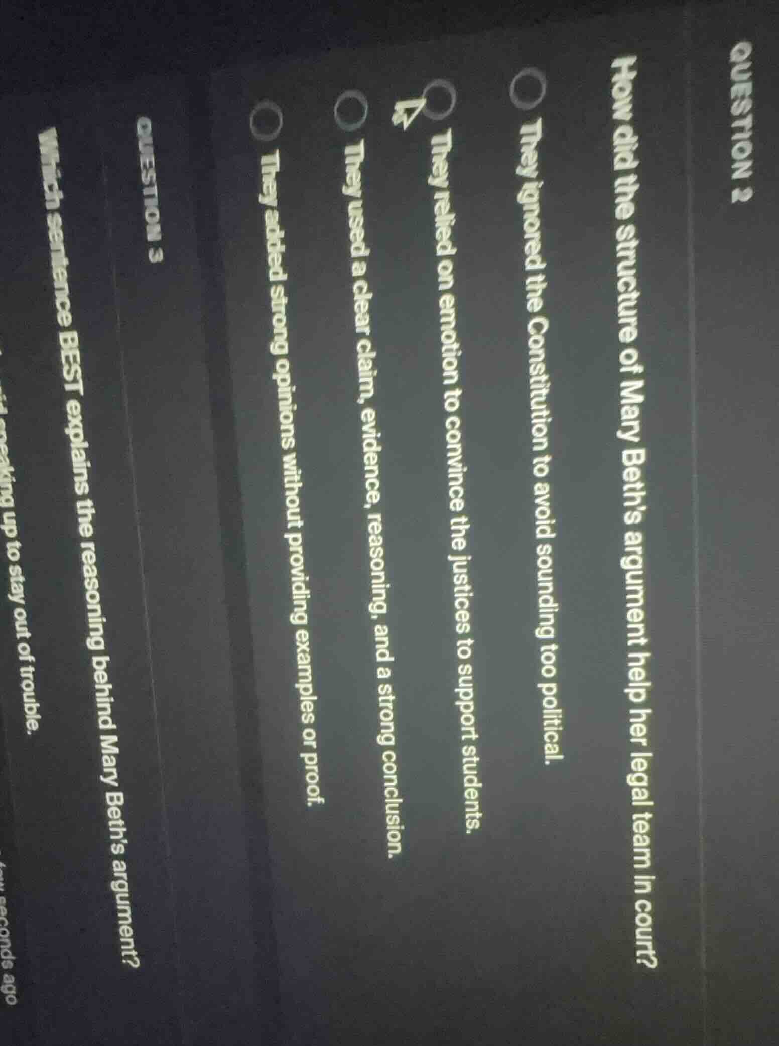 question 2 how did the structure of mary beth’s argument help her legal…