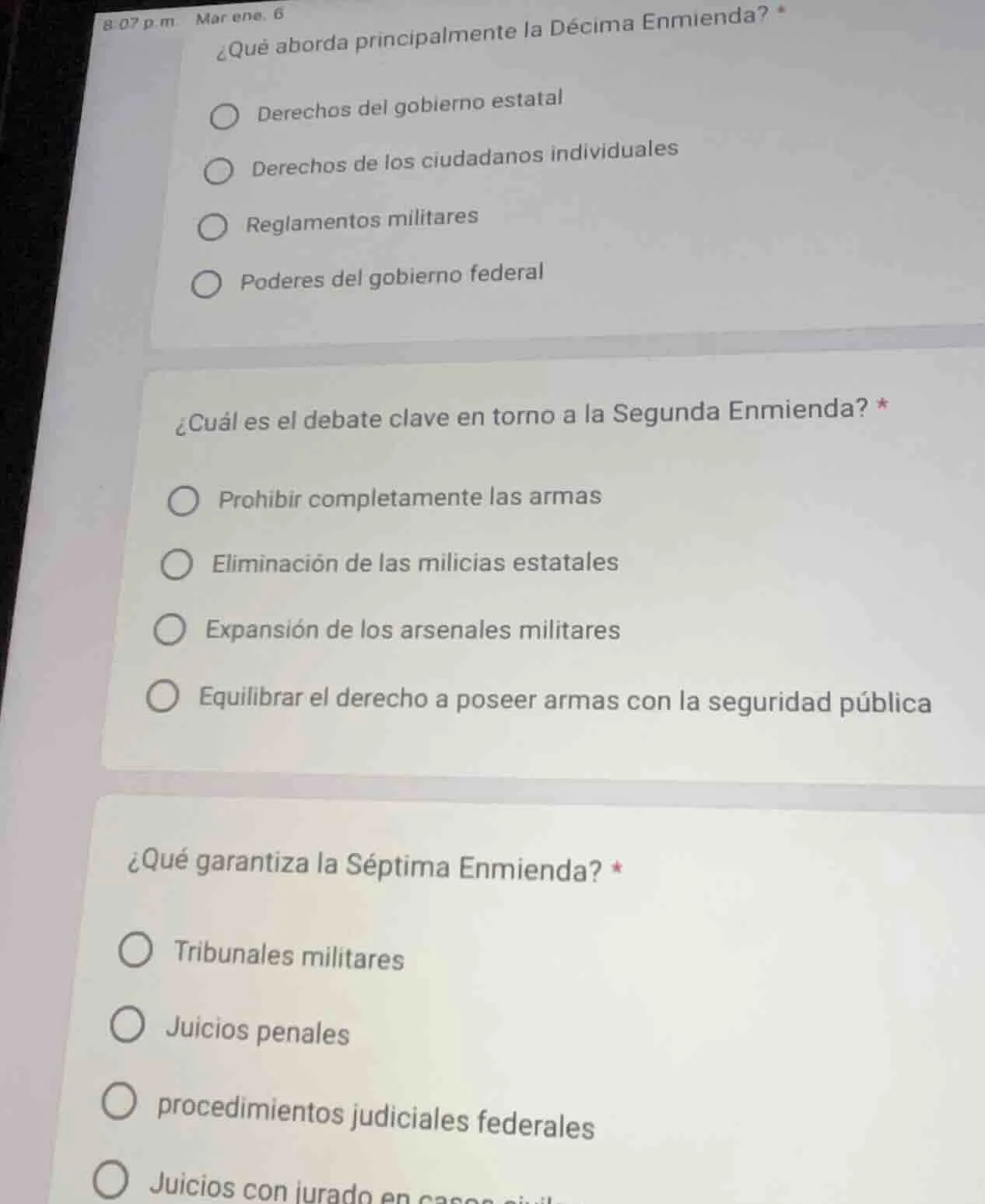 ¿qué aborda principalmente la décima enmienda? * ○ derechos del gobiern…