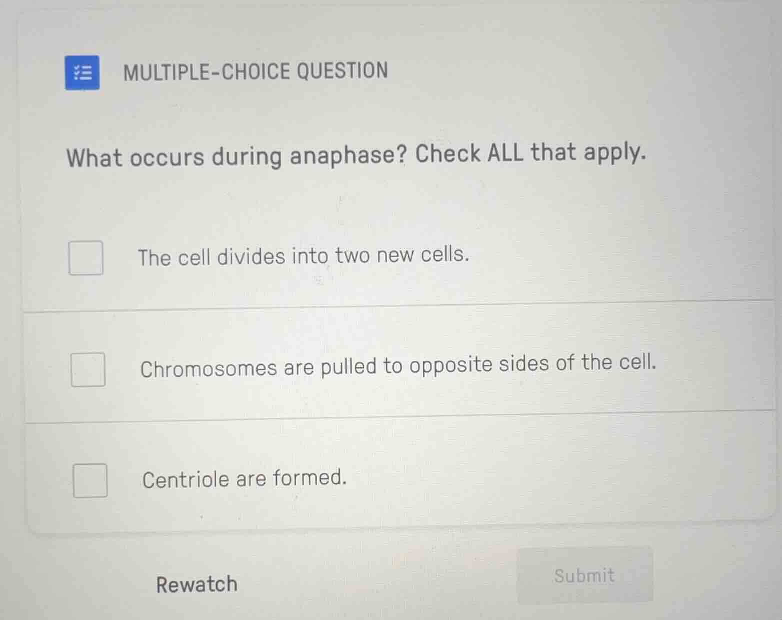multiple-choice question what occurs during anaphase? check all that ap…