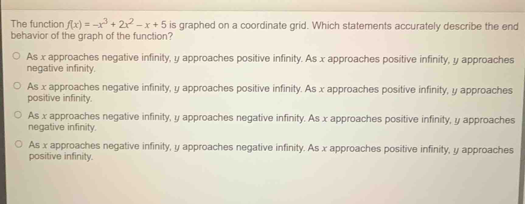 the function $f(x) = -x^3 + 2x^2 - x + 5$ is graphed on a coordinate gr…