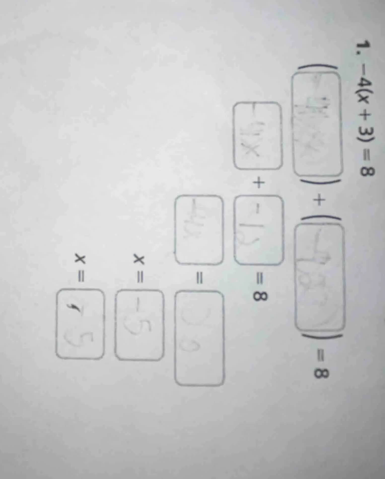 1. $-4(x + 3) = 8$
